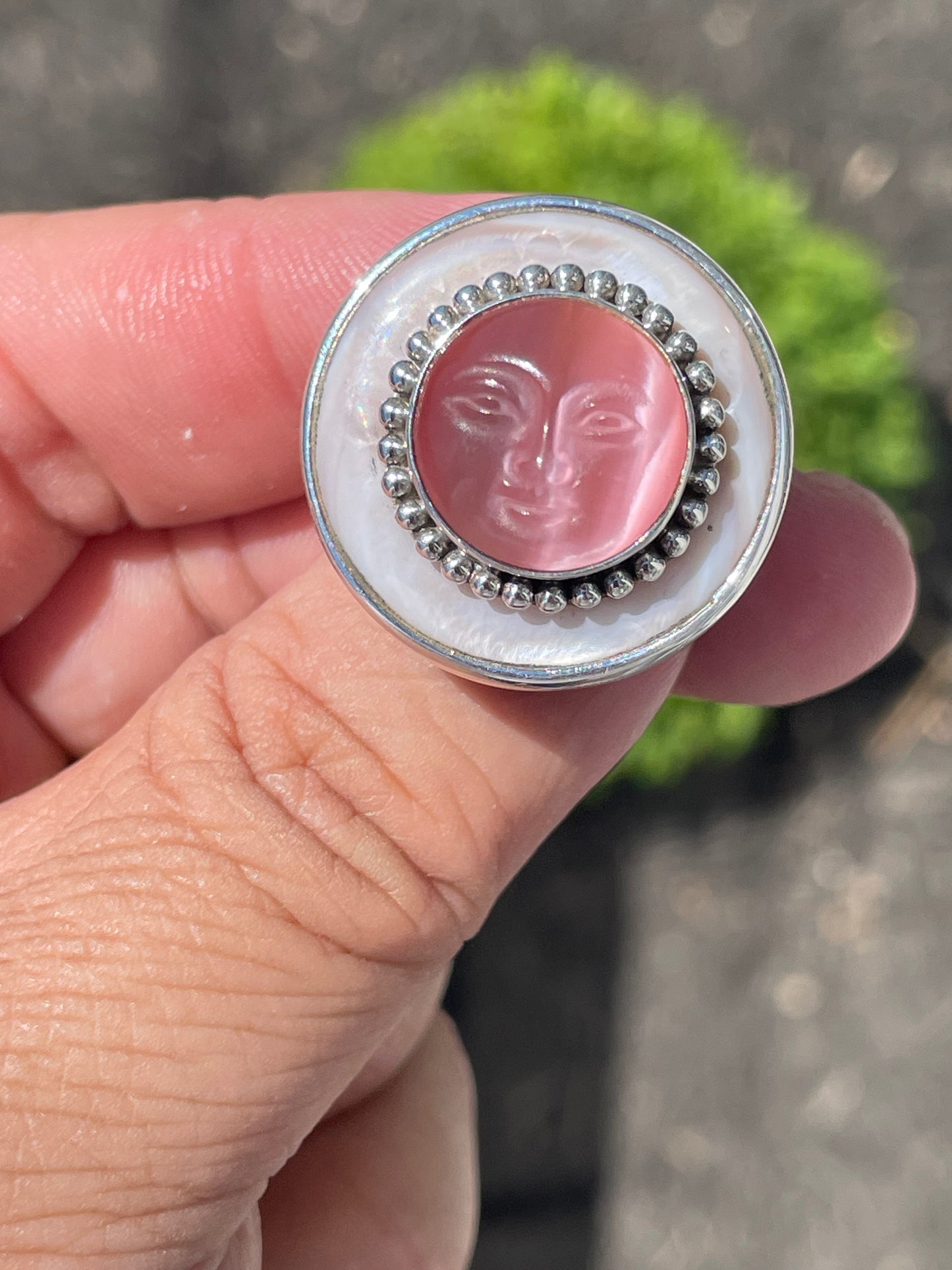 925 Sterling Silver Designer Sajen Mother of Pearl & Pink Cats Eye Face Signet Ring