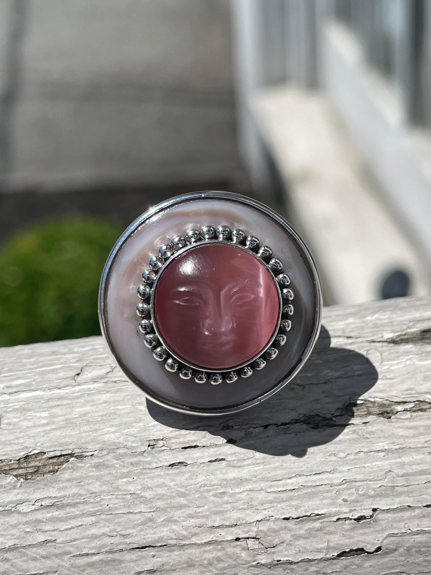 925 Sterling Silver Designer Sajen Mother of Pearl & Pink Cats Eye Face Signet Ring
