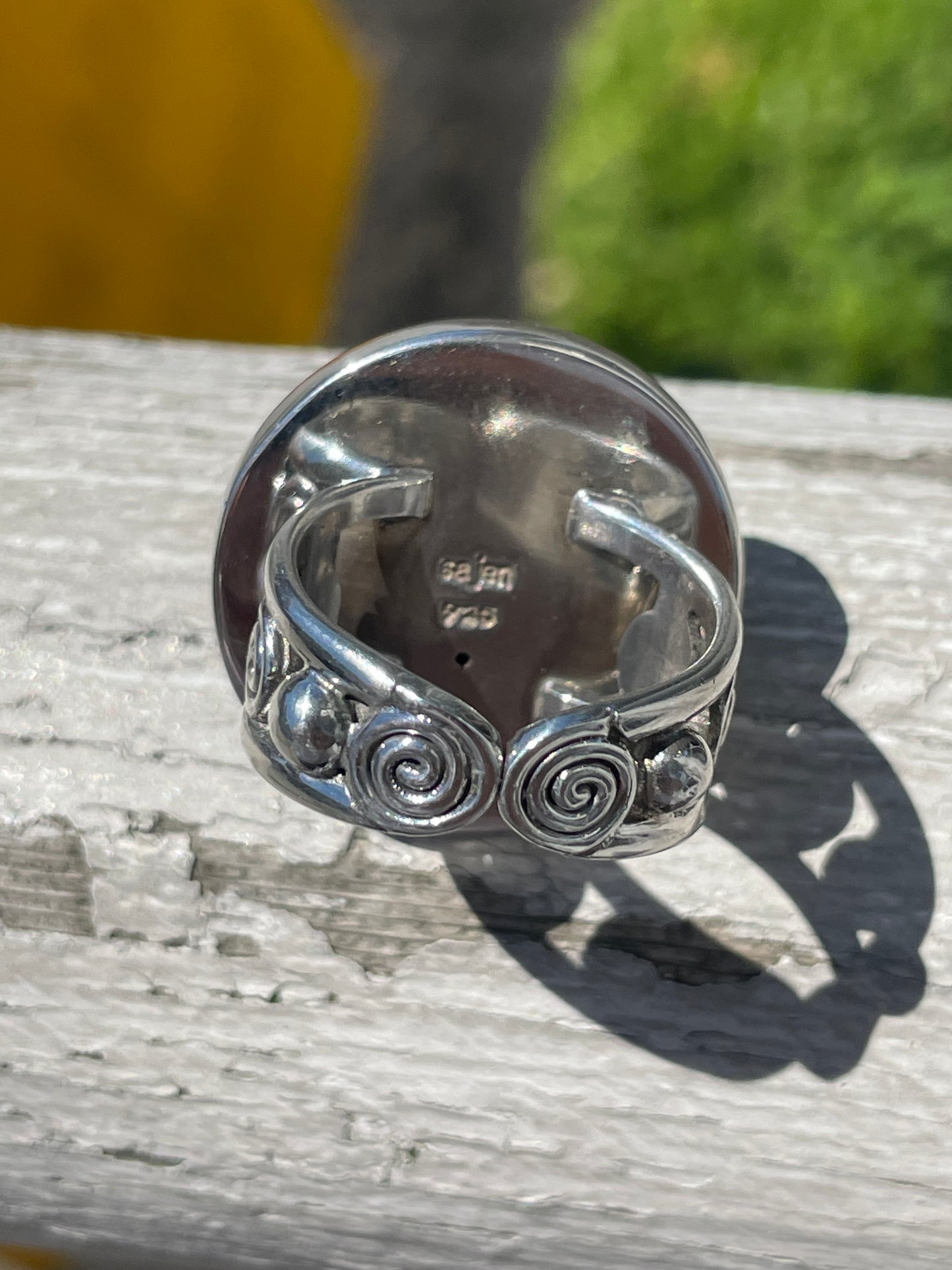 925 Sterling Silver Designer Sajen Mother of Pearl & Pink Cats Eye Face Signet Ring