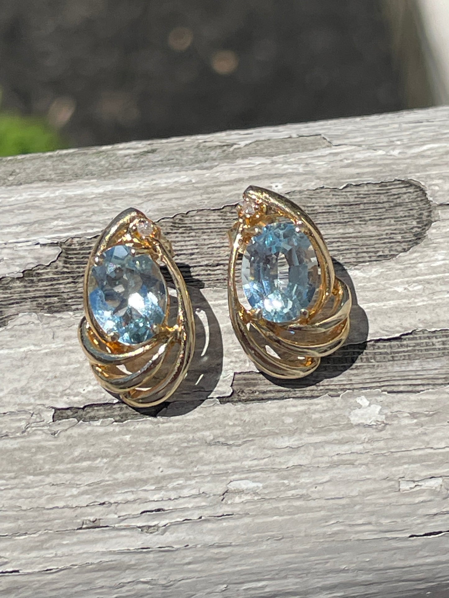 14k Gold Sky Blue Topaz Ocean Wave Earrings