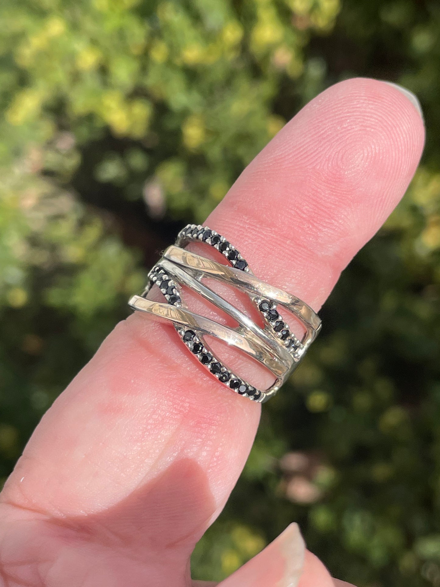 925 & 14k Gold Designer GC Double Crisscross Black Zirconia Ring