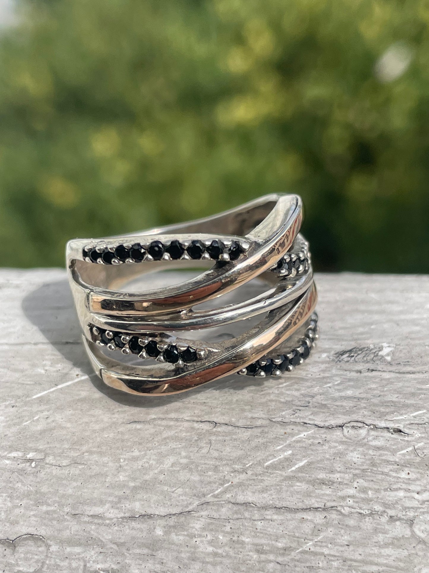 925 & 14k Gold Designer GC Double Crisscross Black Zirconia Ring