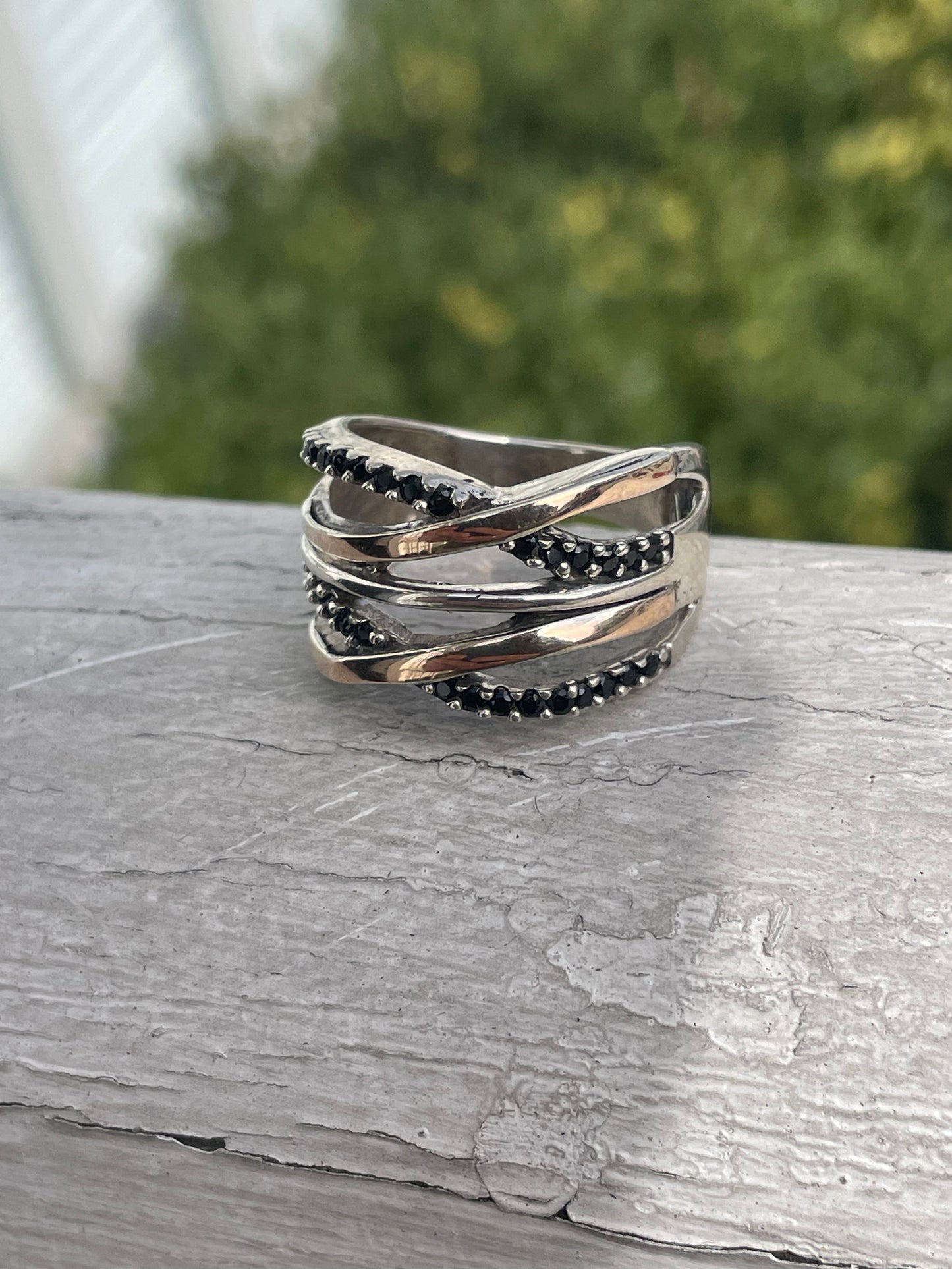 925 & 14k Gold Designer GC Double Crisscross Black Zirconia Ring