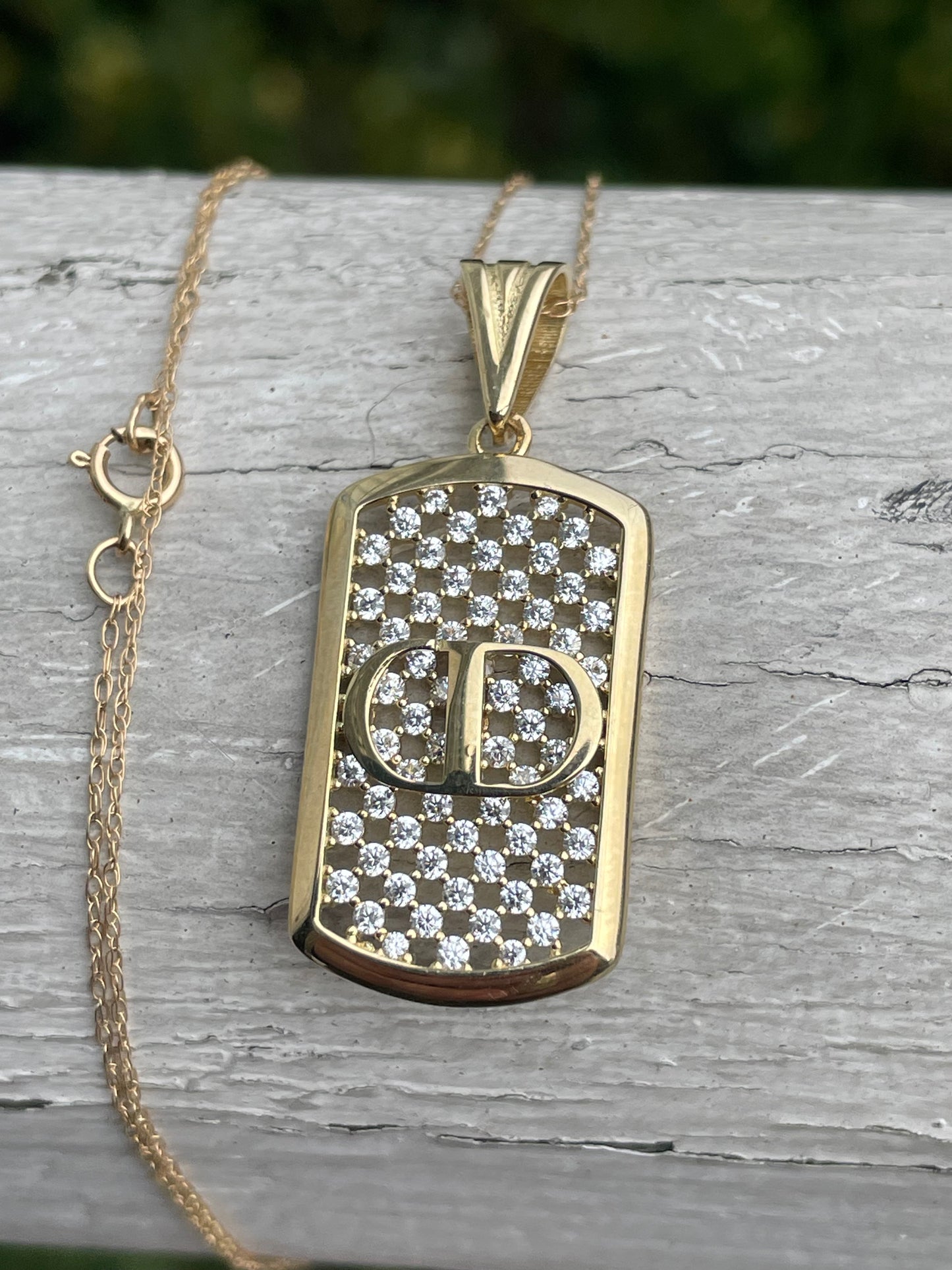 14k Gold Christian Dior CD Logo Dog tag Necklace