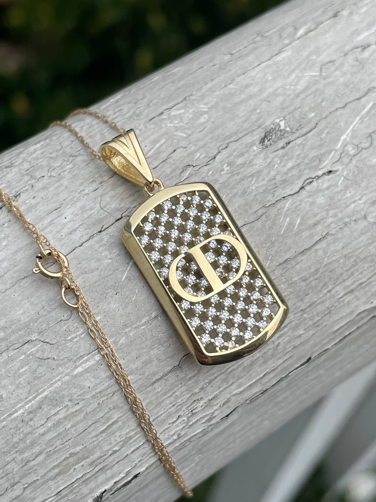 14k Gold Christian Dior CD Logo Dog tag Necklace