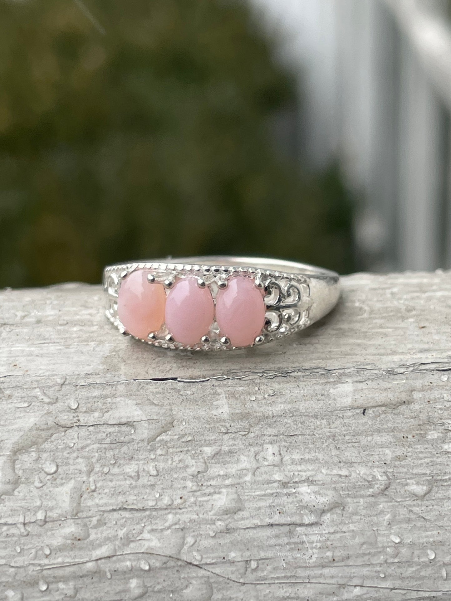 925 Sterling Silver Past Present Future Pink Opal Band Ring