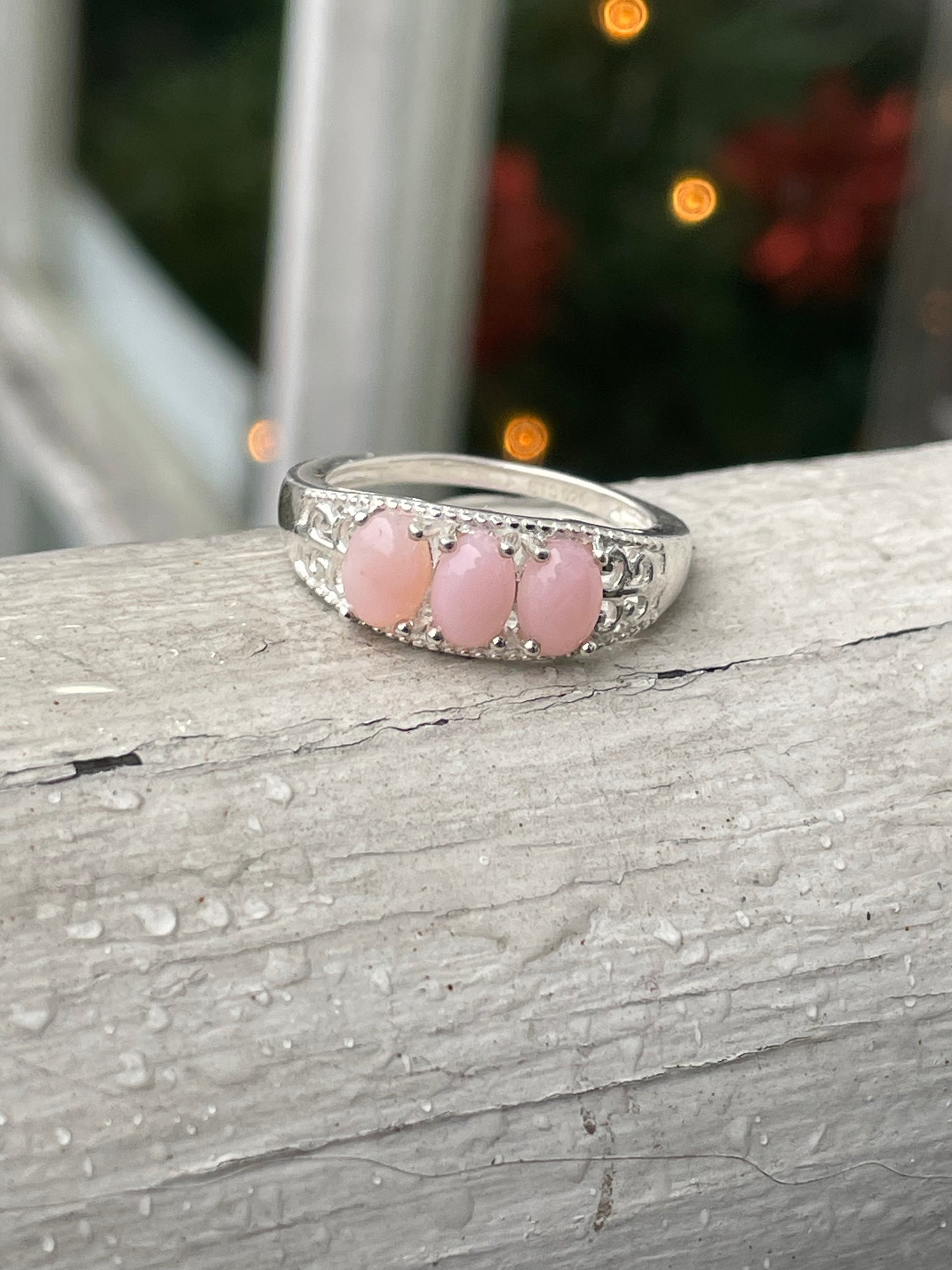 925 Sterling Silver Past Present Future Pink Opal Band Ring