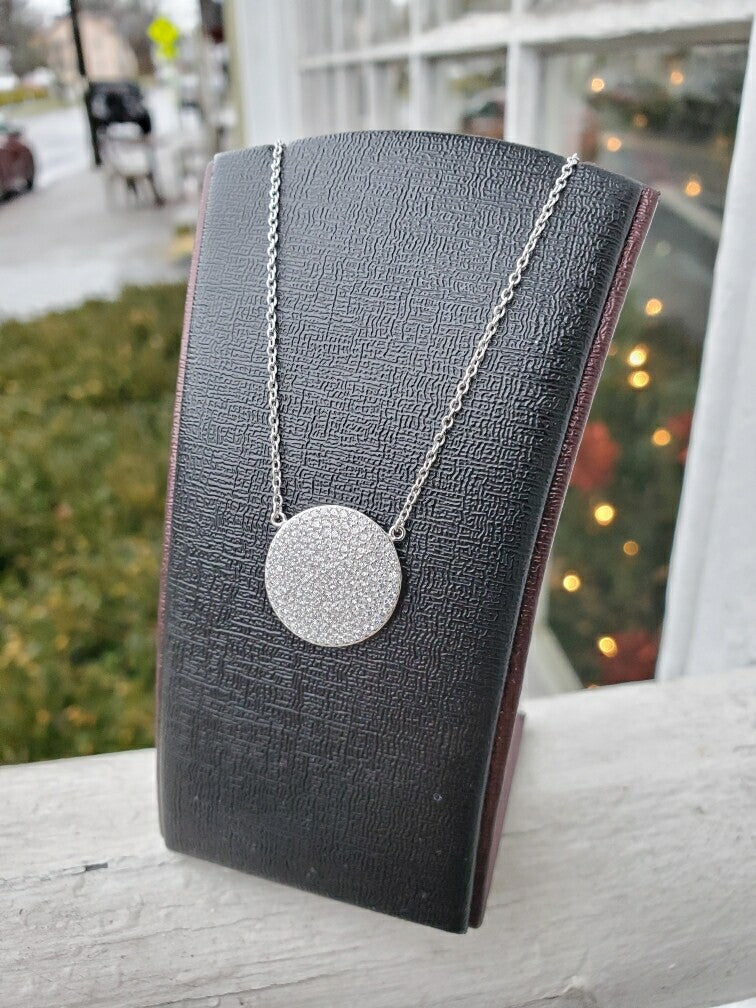 925 Sterling Silver Micro Pave’ Clear Zirconia Circle Disc Necklace