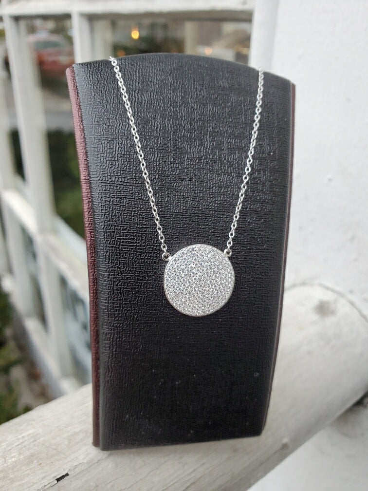 925 Sterling Silver Micro Pave’ Clear Zirconia Circle Disc Necklace