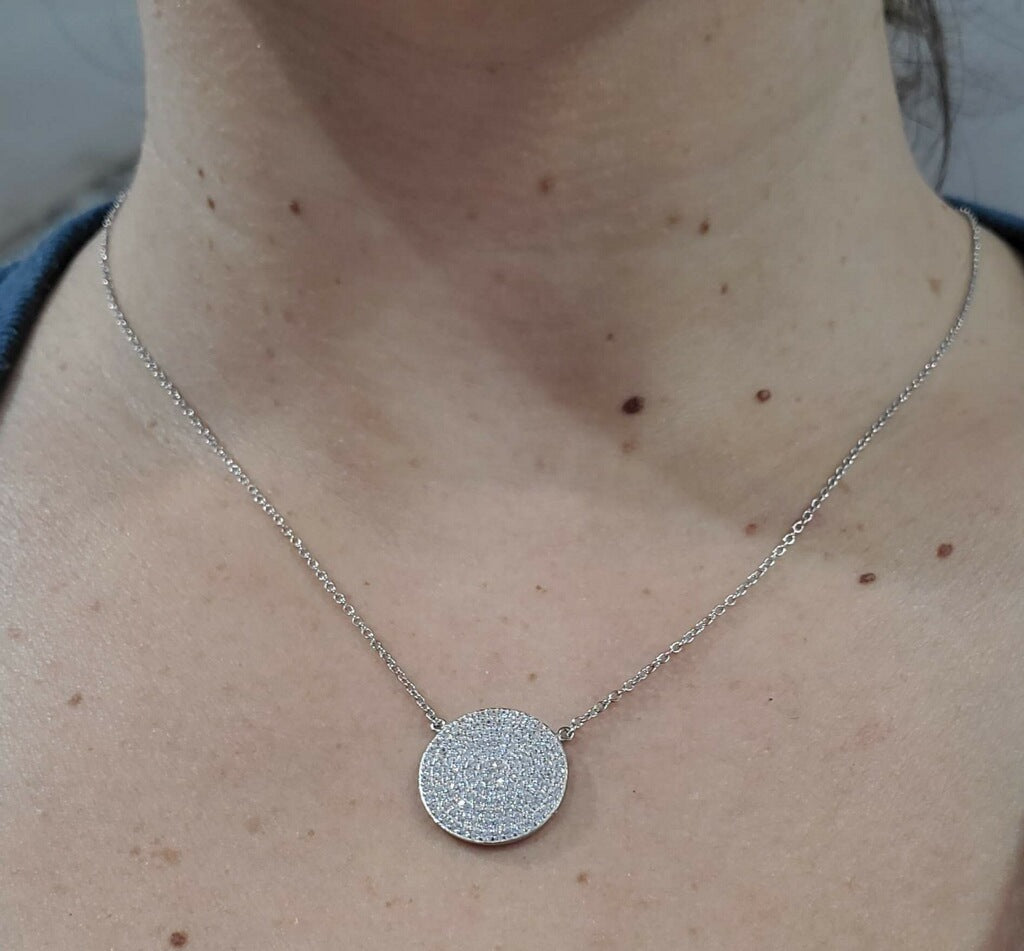 925 Sterling Silver Micro Pave’ Clear Zirconia Circle Disc Necklace