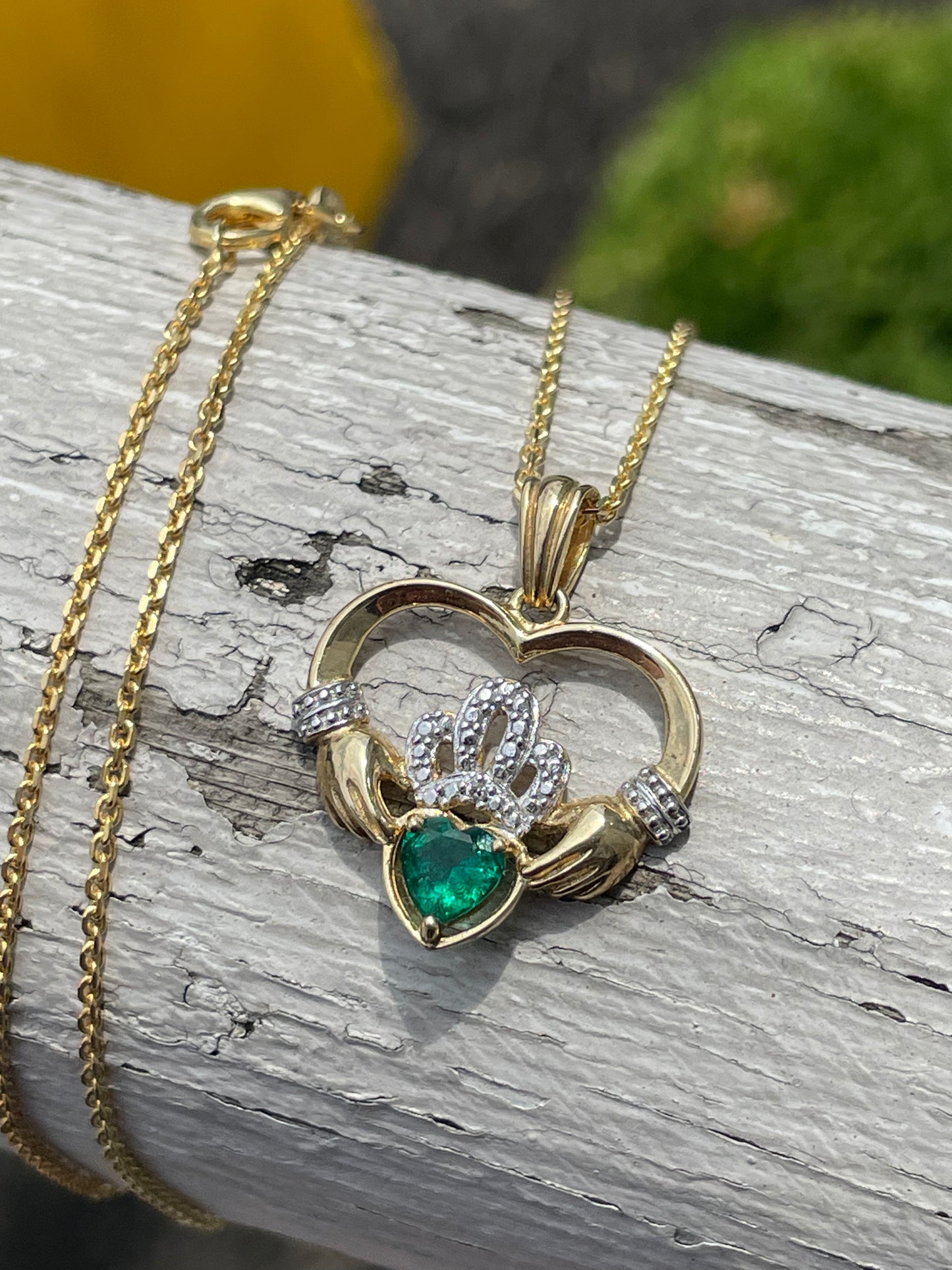 925 Sterling Silver Vermeil Irish Claddagh Necklace with simulated Emerald stone