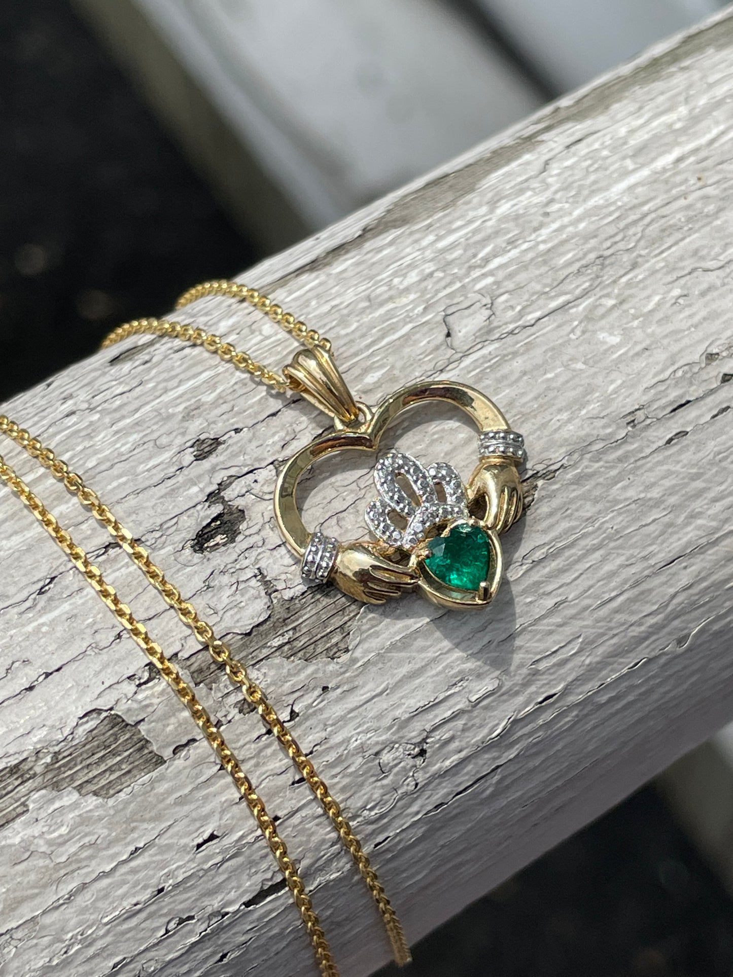 925 Sterling Silver Vermeil Irish Claddagh Necklace with simulated Emerald stone
