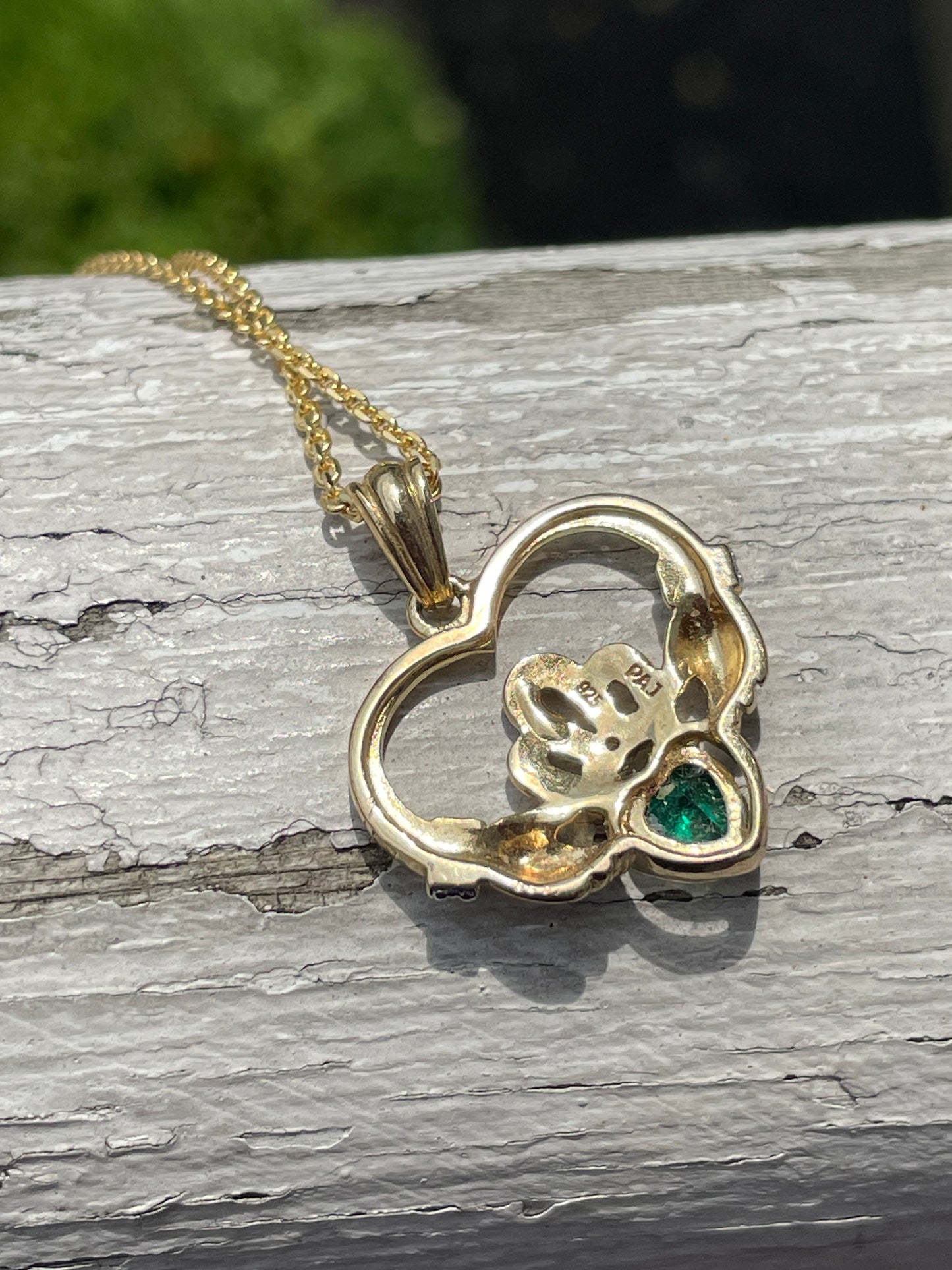 925 Sterling Silver Vermeil Irish Claddagh Necklace with simulated Emerald stone