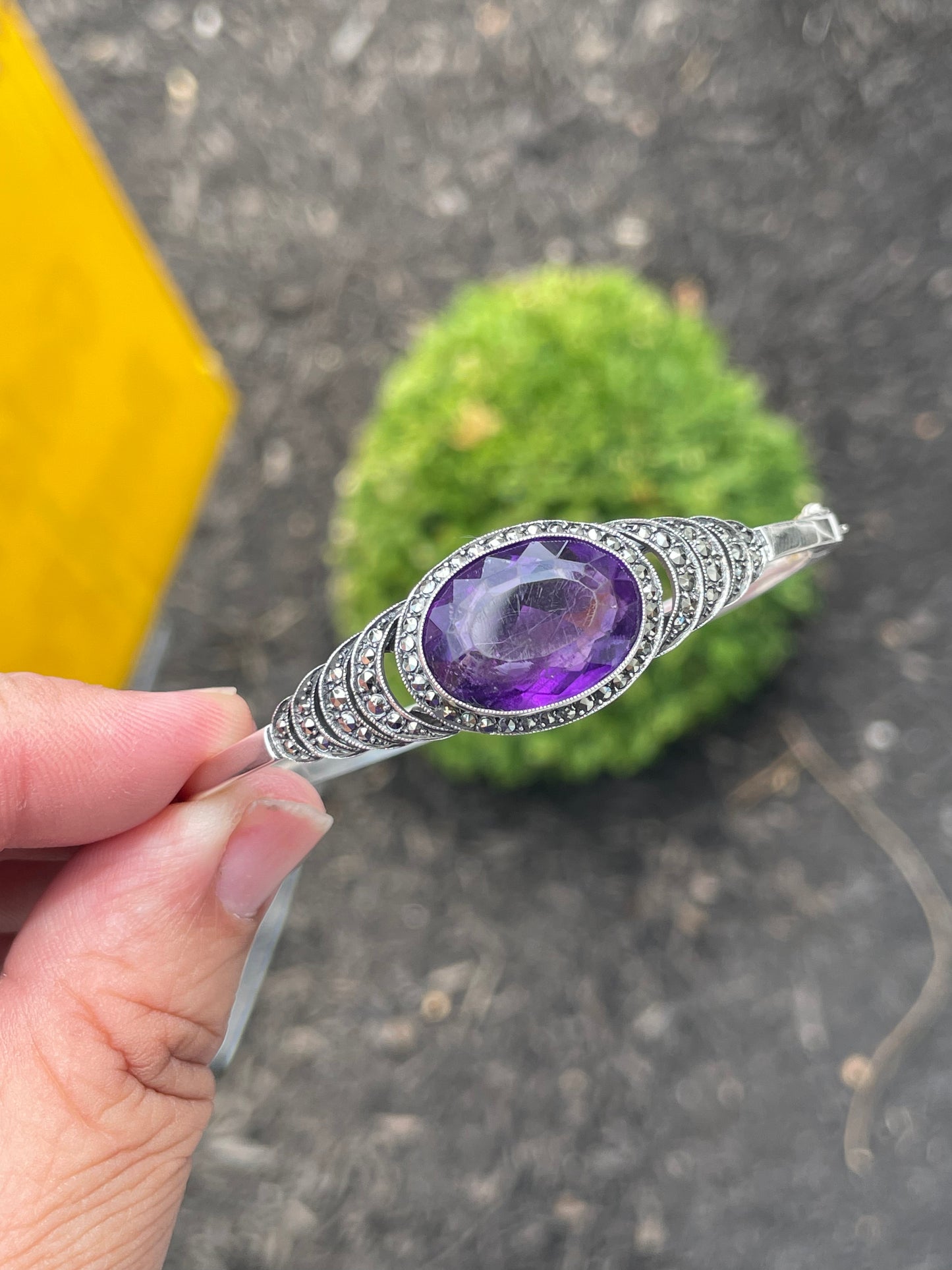 925 Sterling Silver Amethyst & Marcasite Wave Filigree Design Bracelet