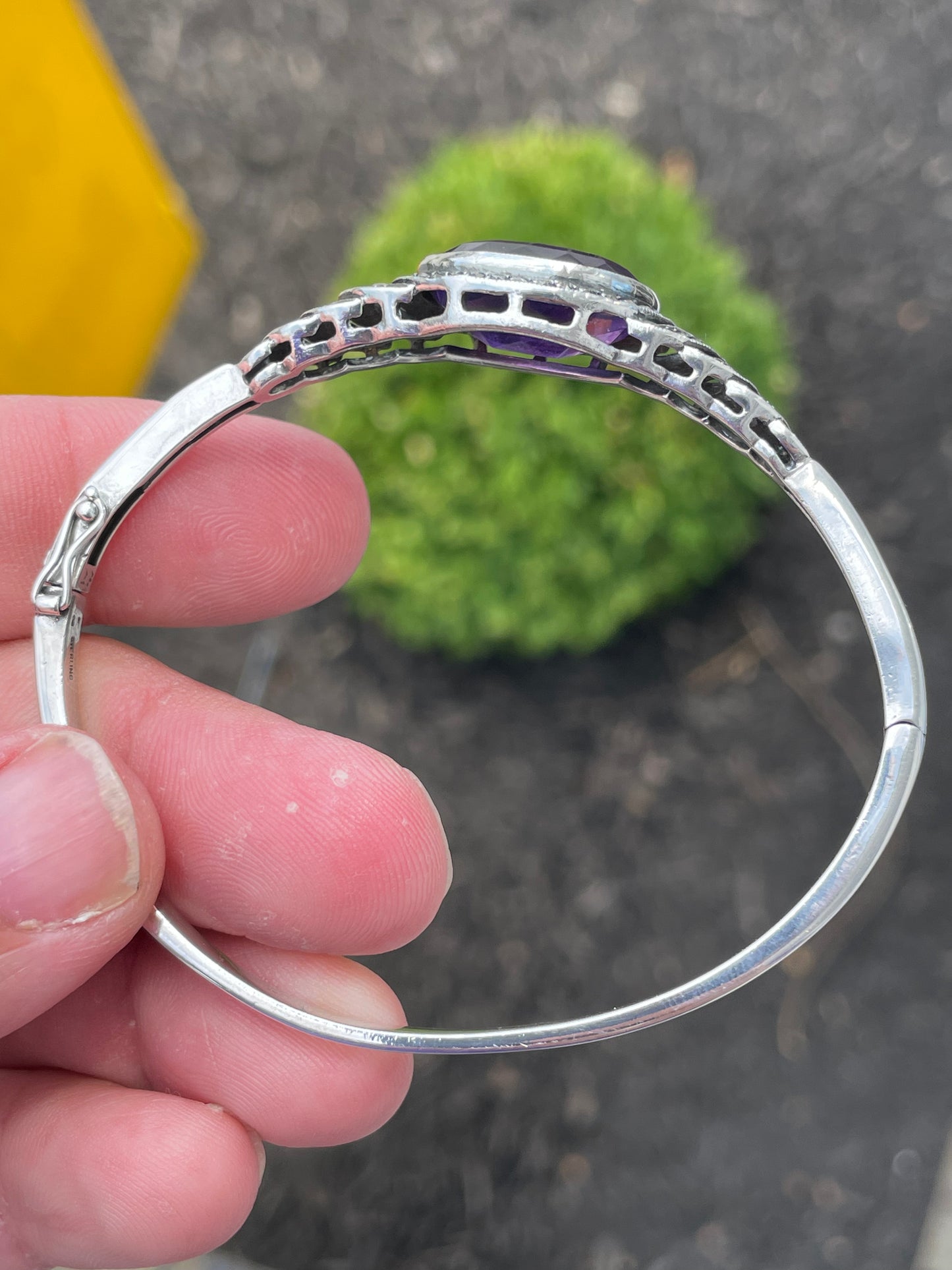925 Sterling Silver Amethyst & Marcasite Wave Filigree Design Bracelet
