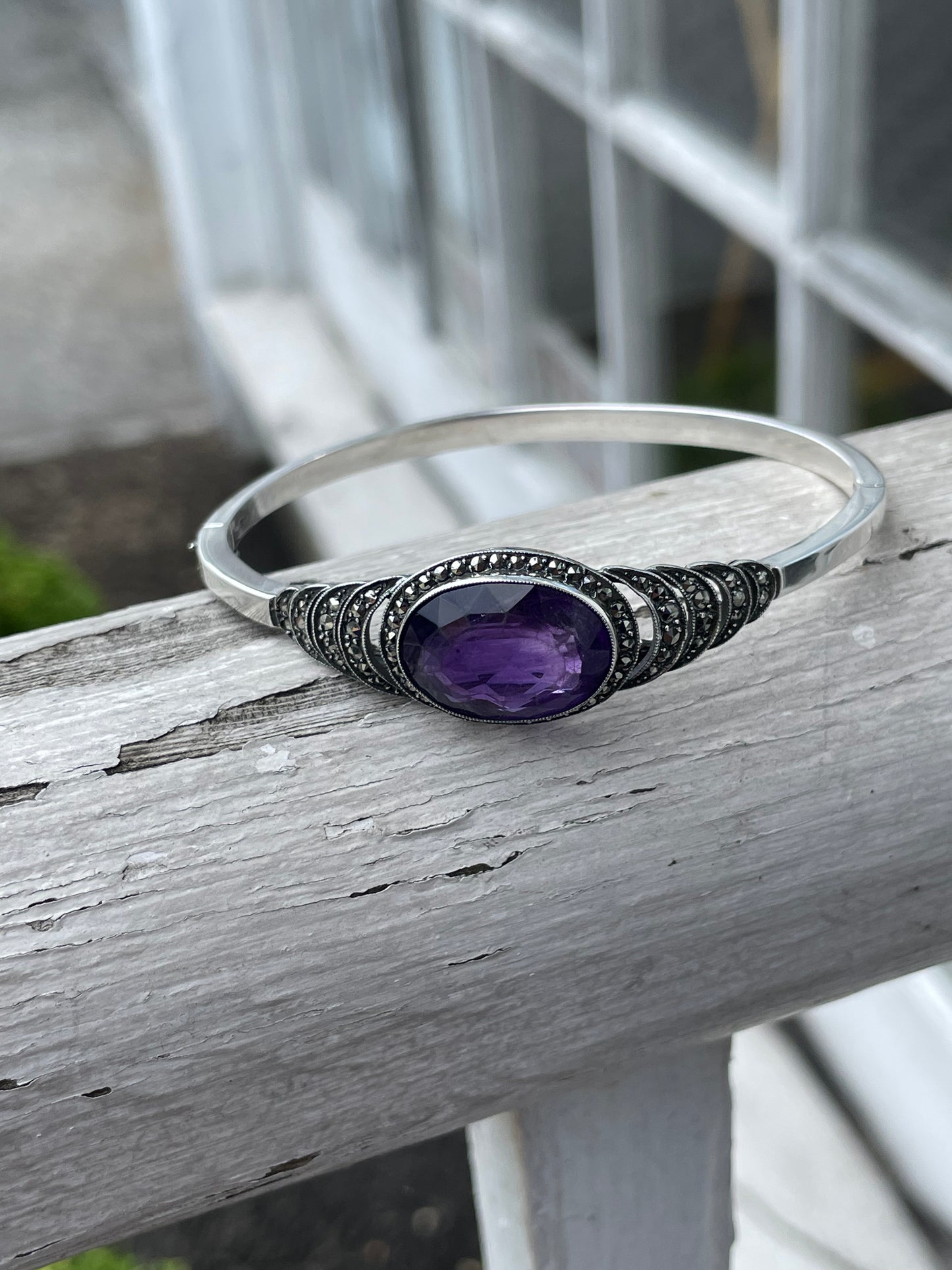 925 Sterling Silver Amethyst & Marcasite Wave Filigree Design Bracelet