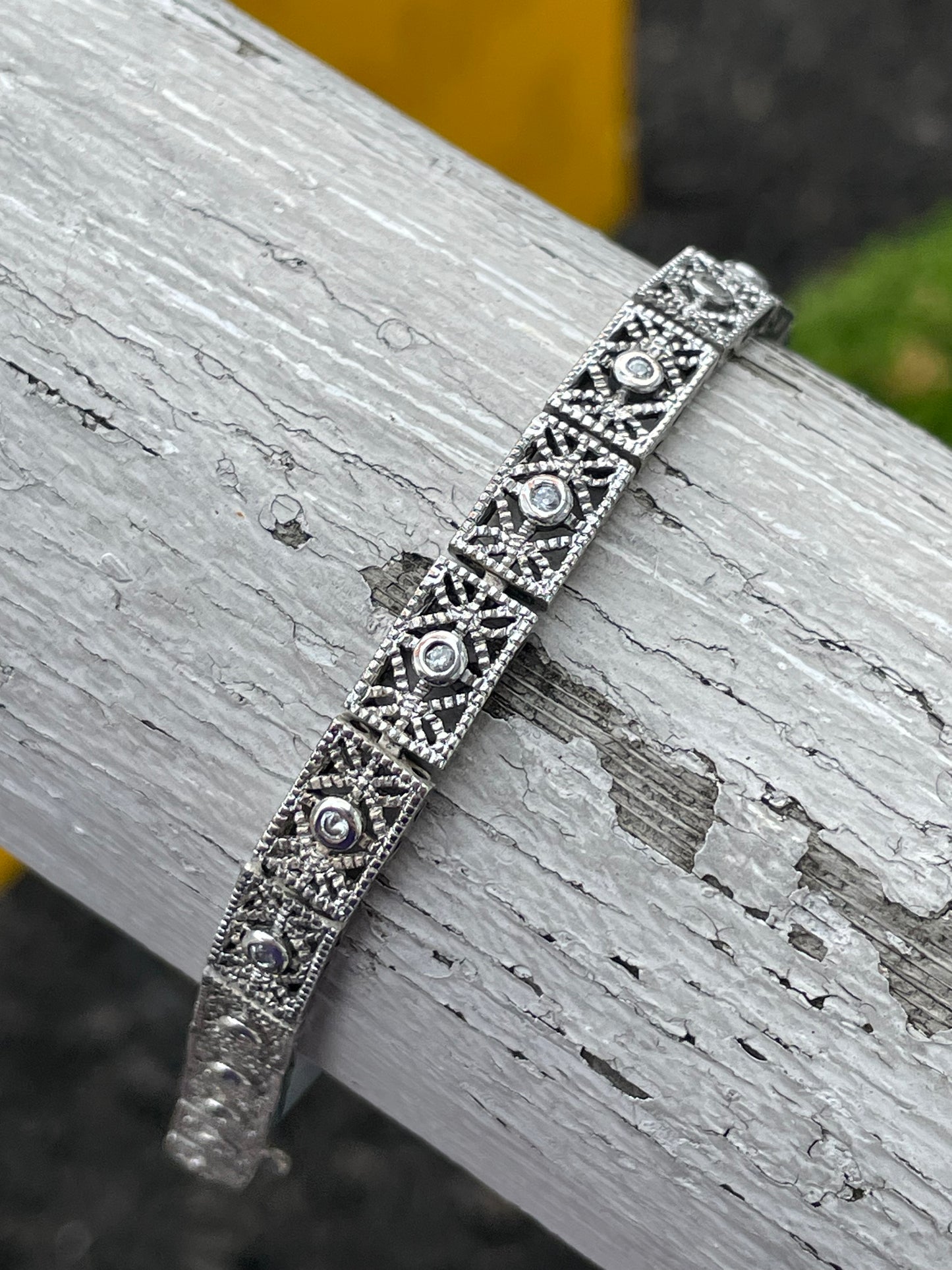 925 Sterling Silver Modernist Art Deco Cz Filigree Bracelet