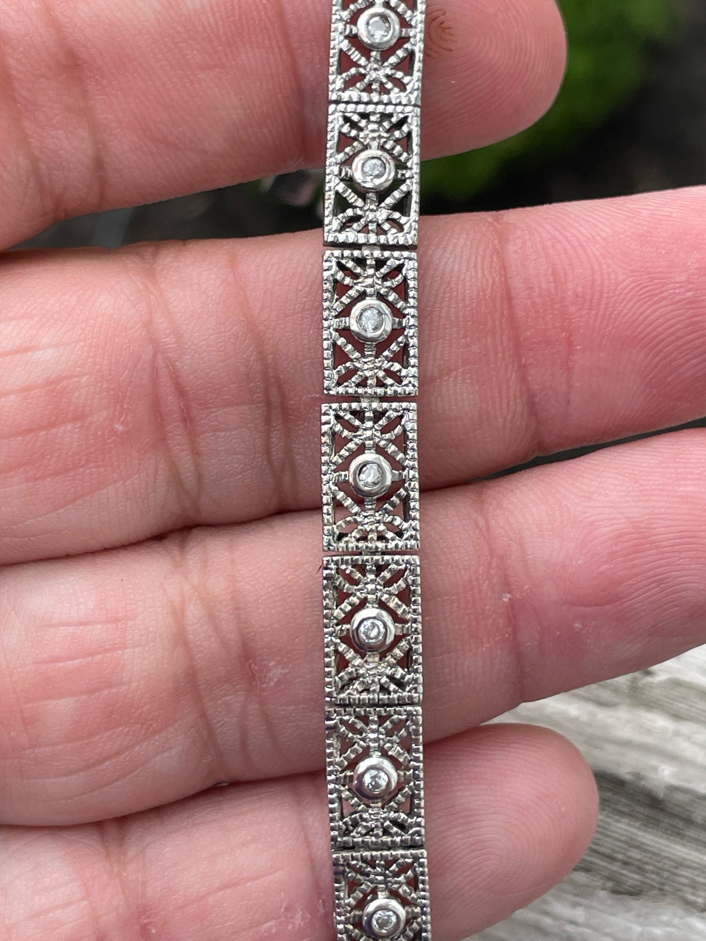 925 Sterling Silver Modernist Art Deco Cz Filigree Bracelet