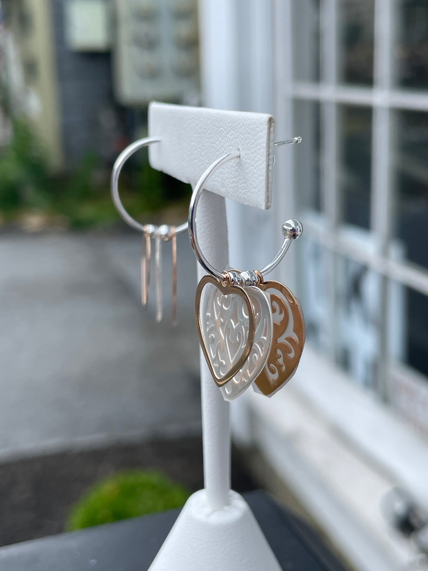 925 Sterling Silver & Rose Gold Vermeil Open Heart Silhouette 3/4 Hoop Earrings