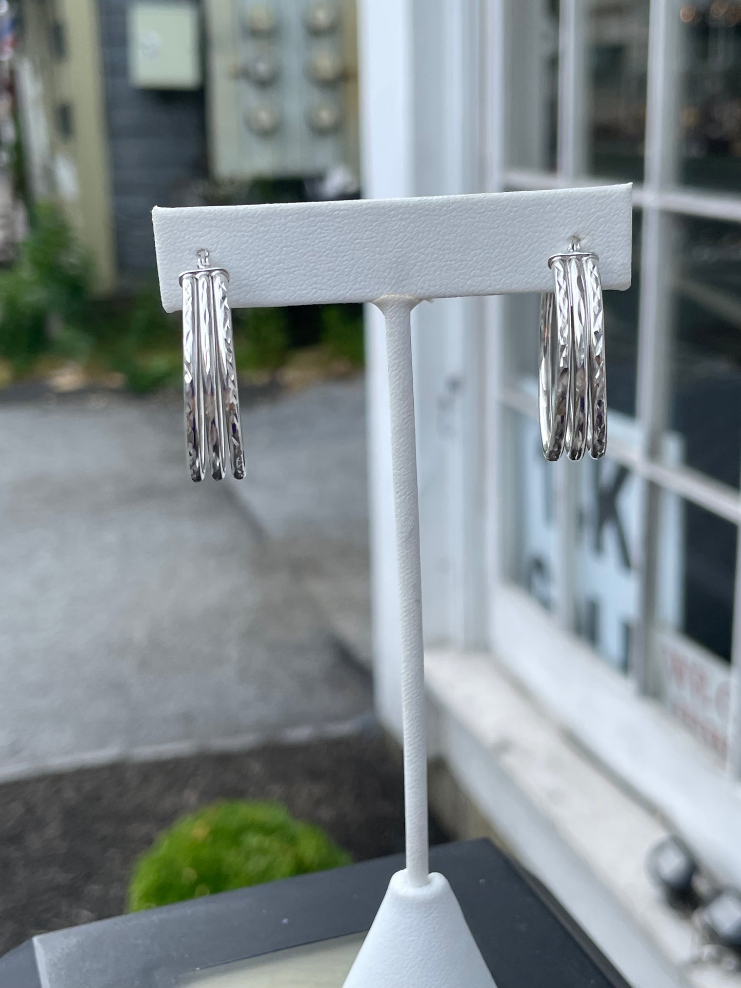 925 Sterling Silver Triple Row Diamond Cut Hoop Earrings