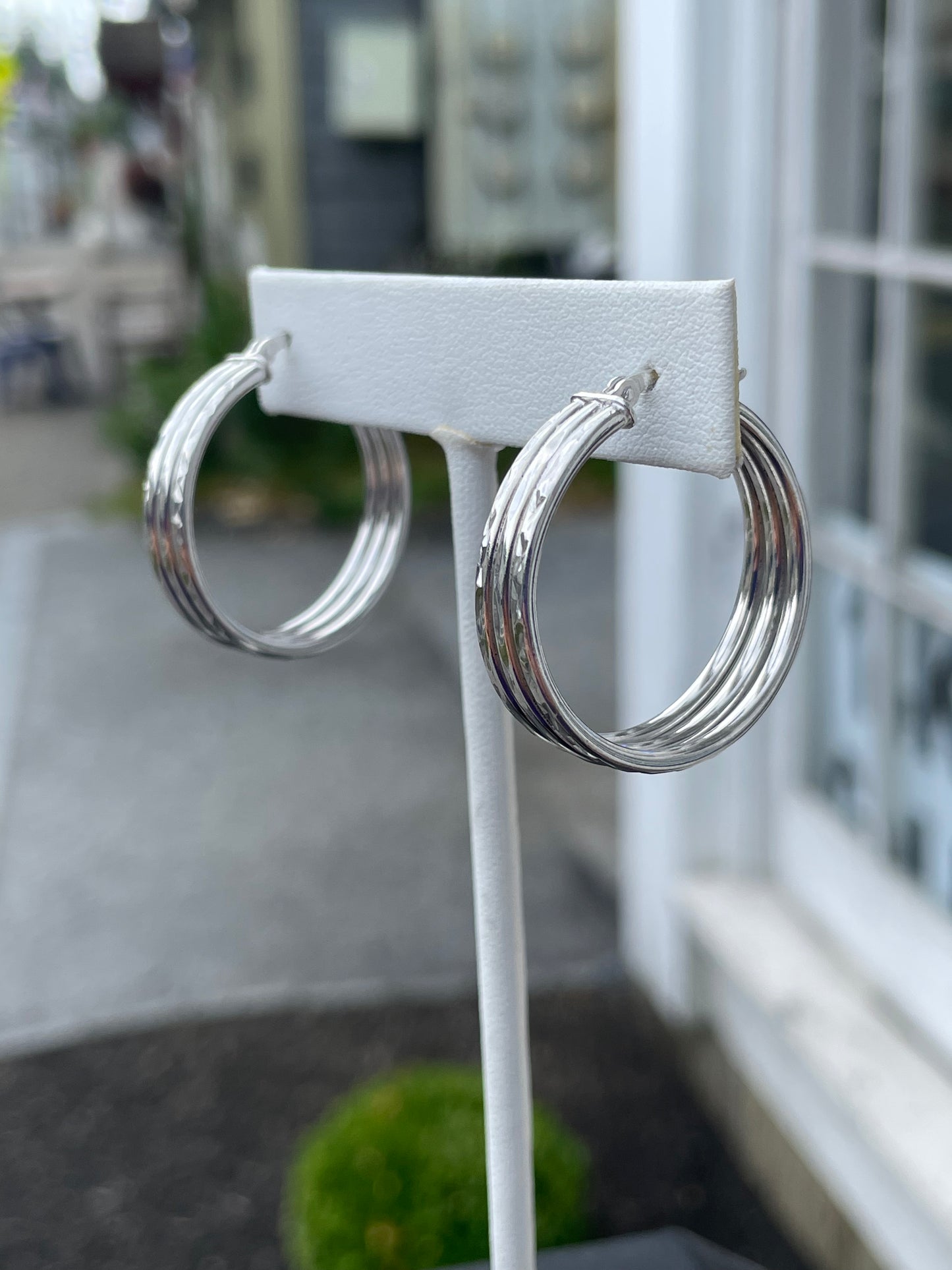925 Sterling Silver Triple Row Diamond Cut Hoop Earrings