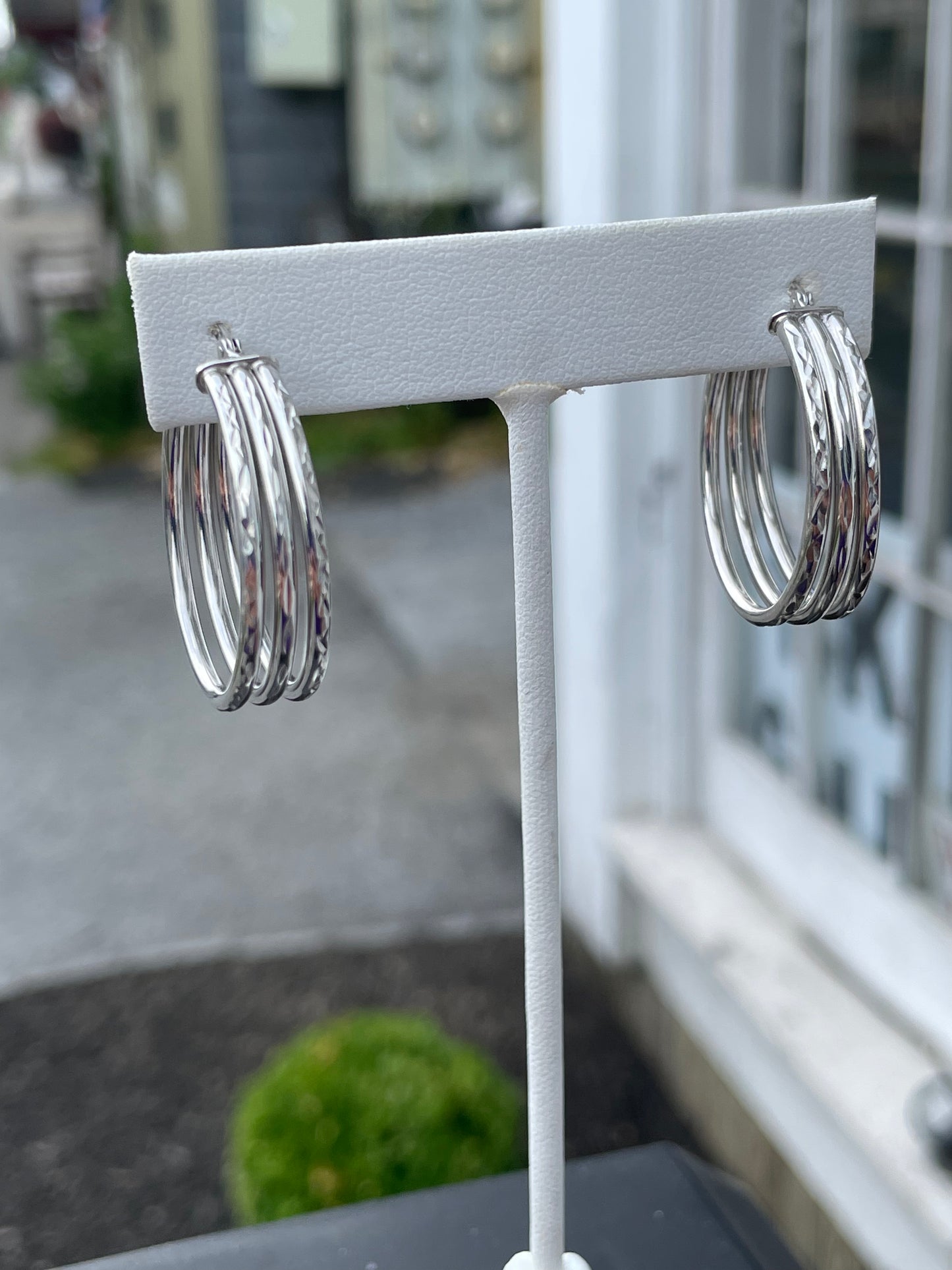 925 Sterling Silver Triple Row Diamond Cut Hoop Earrings