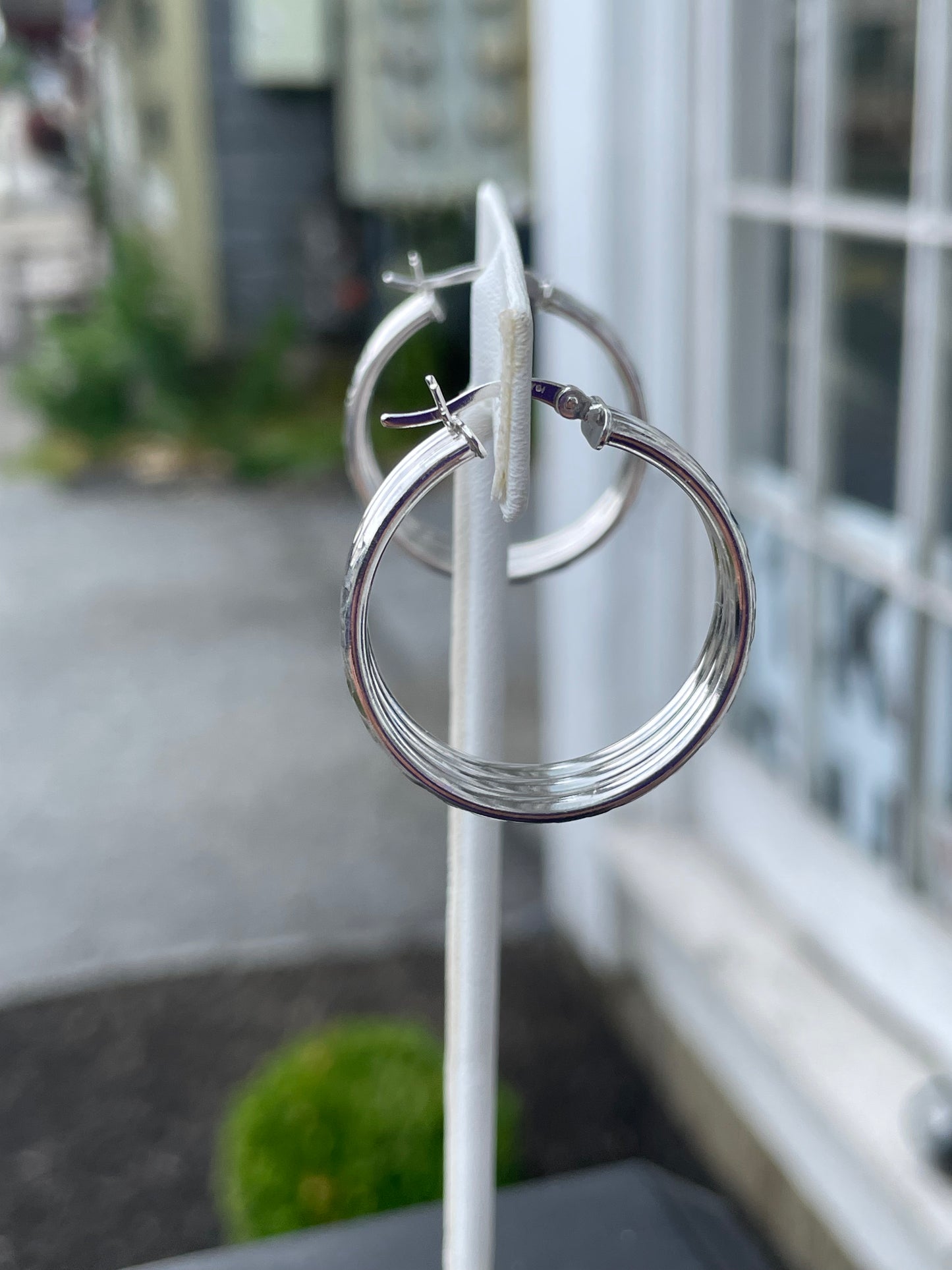 925 Sterling Silver Triple Row Diamond Cut Hoop Earrings