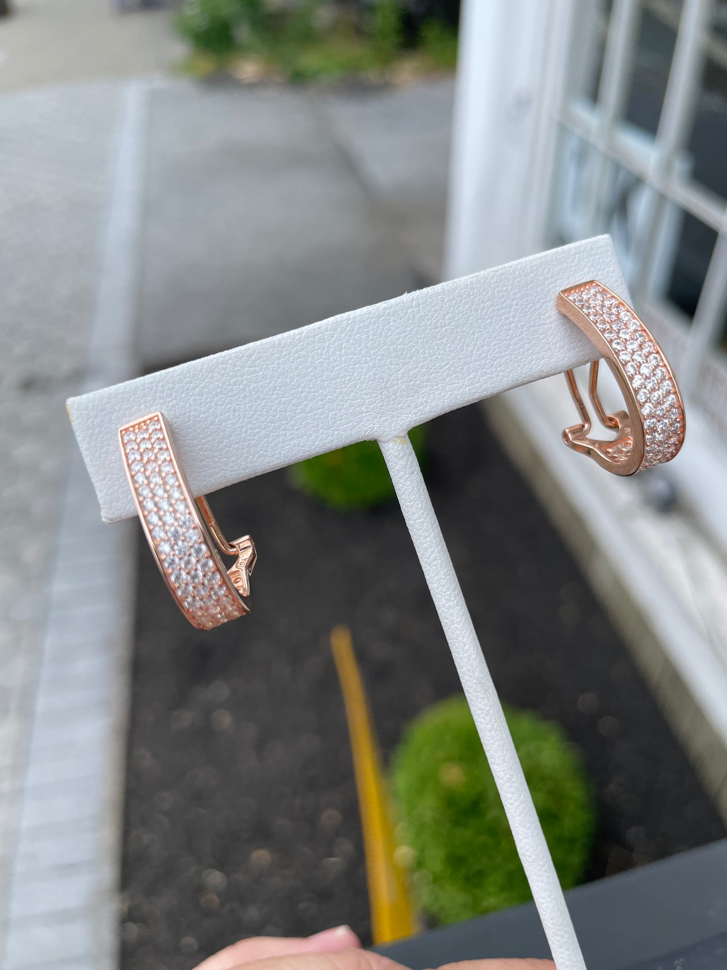 925 Sterling Silver Rose Vermeil Triple Row Cz Oblong Bar Omega Back Hoop Earrings