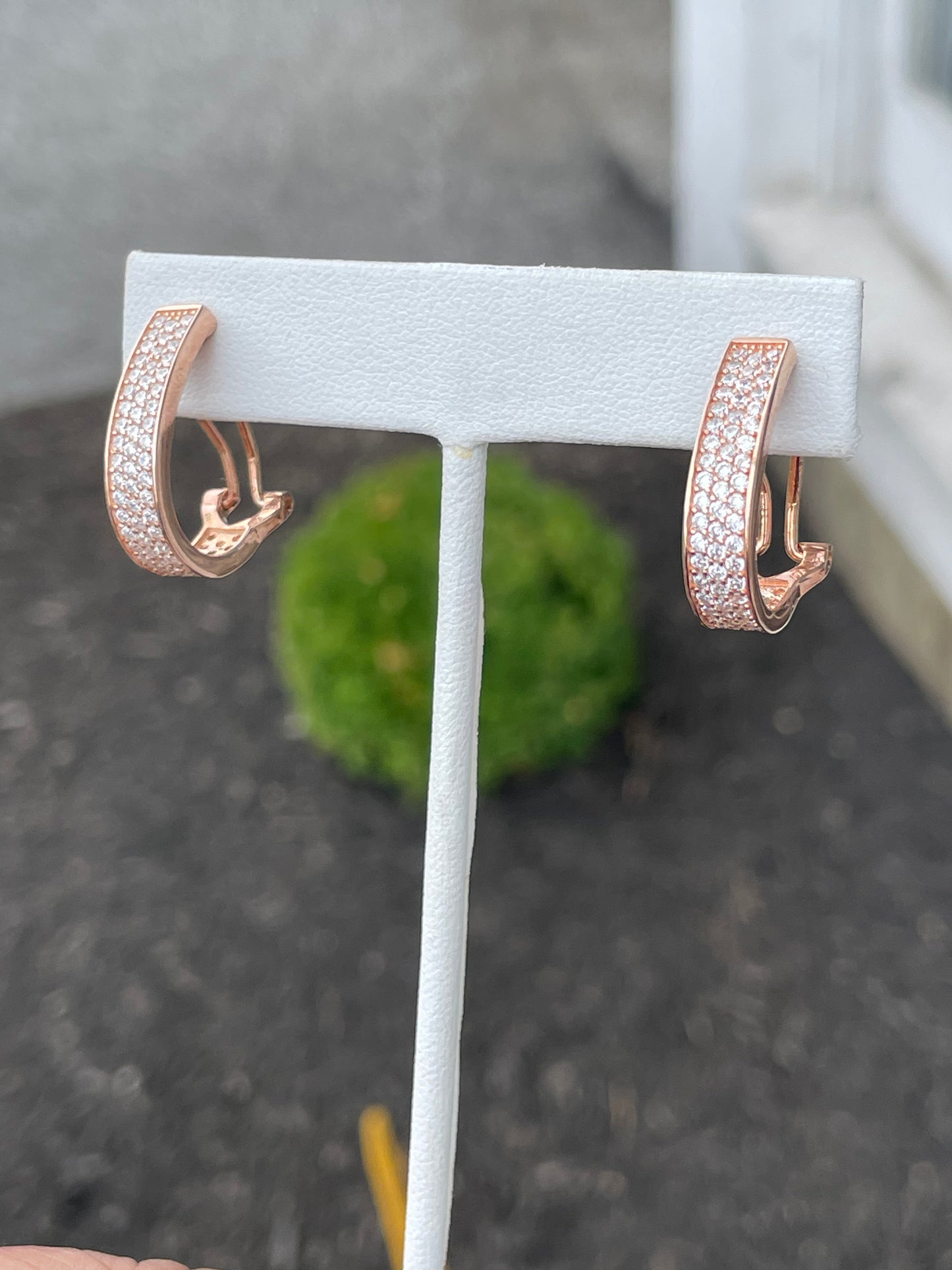 925 Sterling Silver Rose Vermeil Triple Row Cz Oblong Bar Omega Back Hoop Earrings