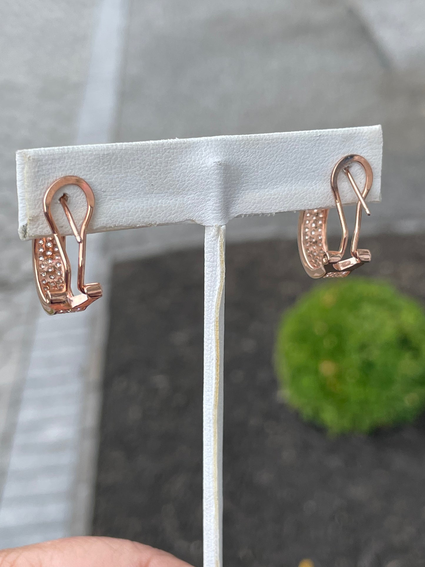 925 Sterling Silver Rose Vermeil Triple Row Cz Oblong Bar Omega Back Hoop Earrings