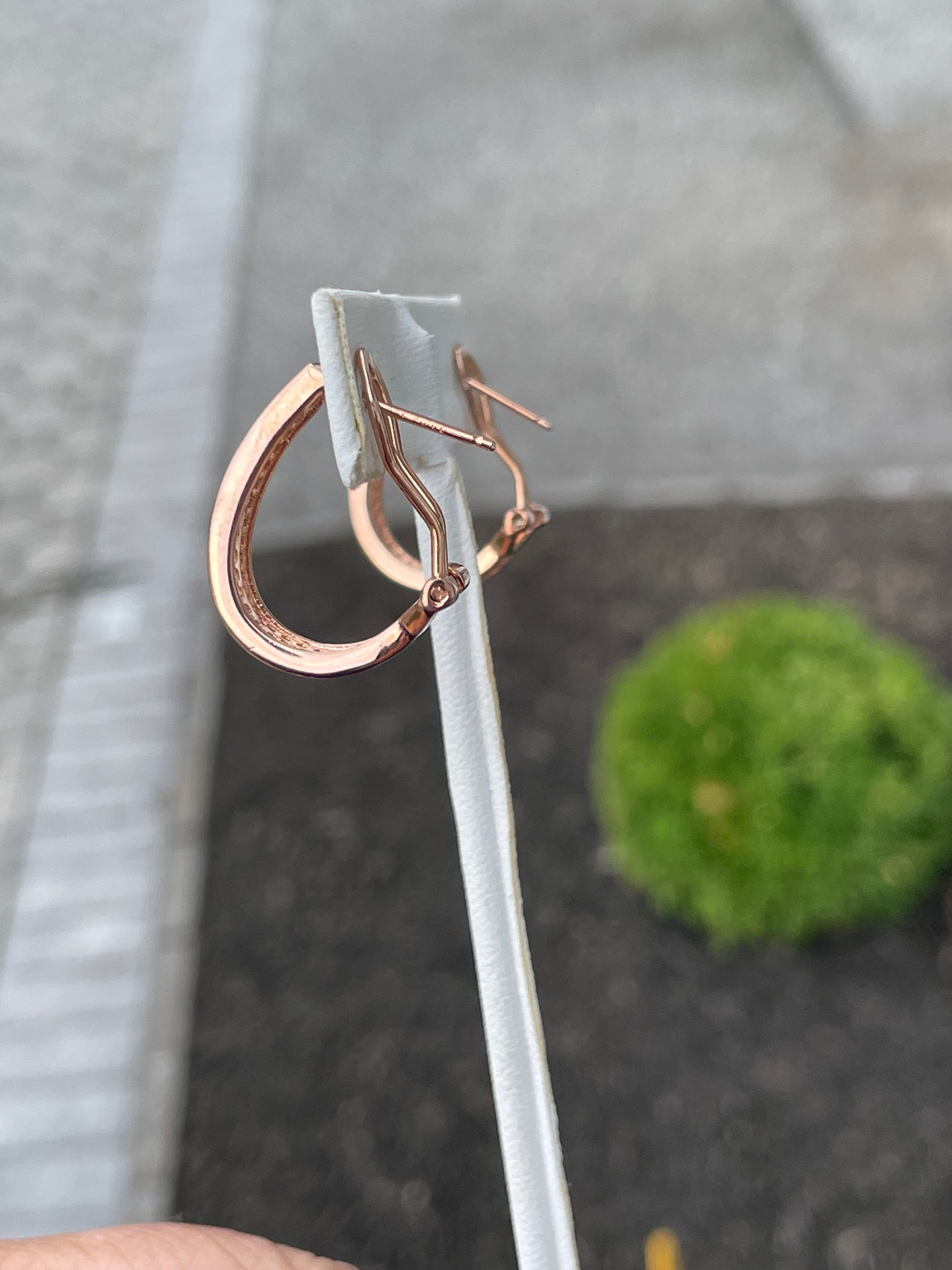 925 Sterling Silver Rose Vermeil Triple Row Cz Oblong Bar Omega Back Hoop Earrings