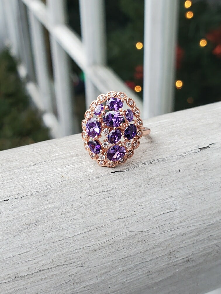 925 Sterling Silver Rose Vermeil Amethyst & Clear Zirconia Cluster Ring