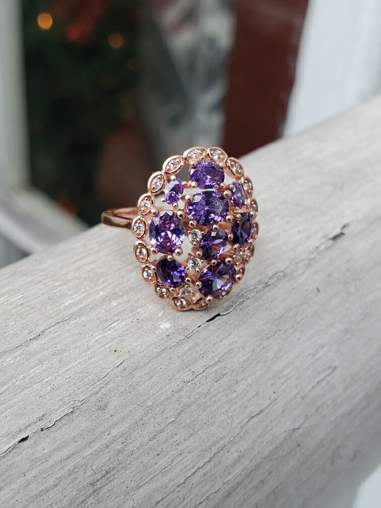 925 Sterling Silver Rose Vermeil Amethyst & Clear Zirconia Cluster Ring