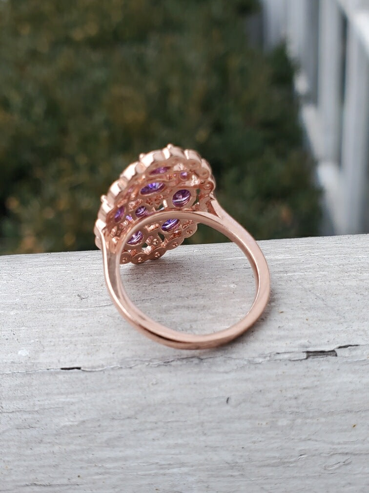925 Sterling Silver Rose Vermeil Amethyst & Clear Zirconia Cluster Ring