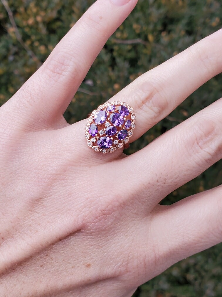 925 Sterling Silver Rose Vermeil Amethyst & Clear Zirconia Cluster Ring
