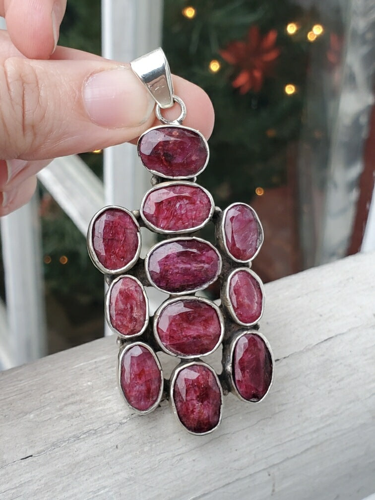 925 Sterling Silver Natural Ruby Cluster Necklace