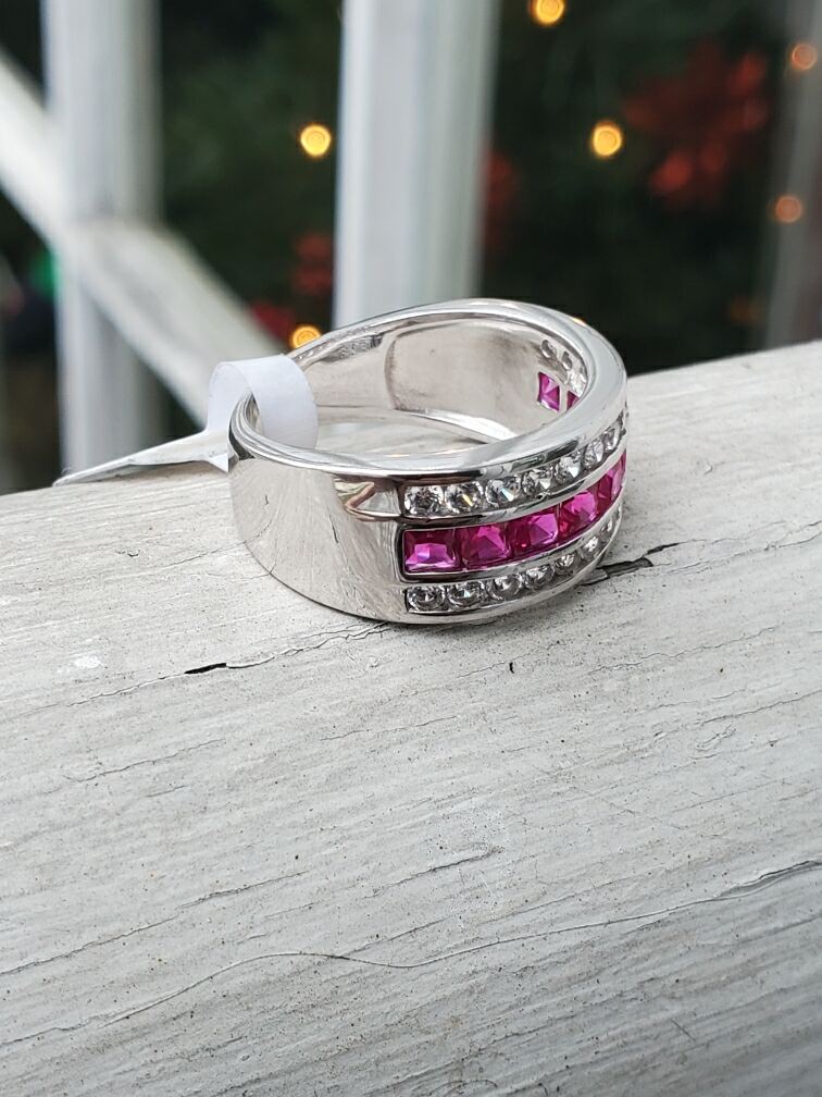 925 Sterling Silver Simulated Ruby & Clear Zirconia Band Ring
