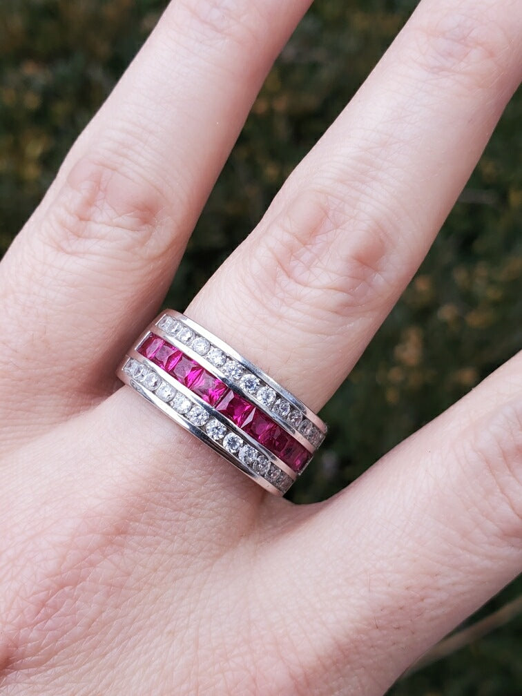 925 Sterling Silver Simulated Ruby & Clear Zirconia Band Ring