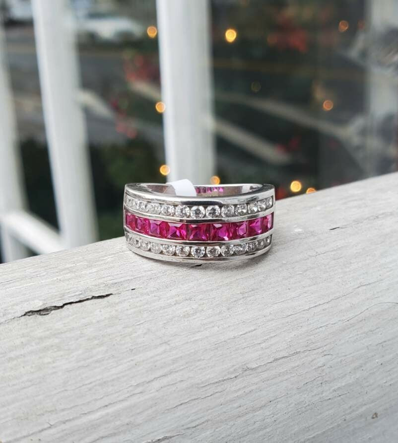 925 Sterling Silver Simulated Ruby & Clear Zirconia Band Ring