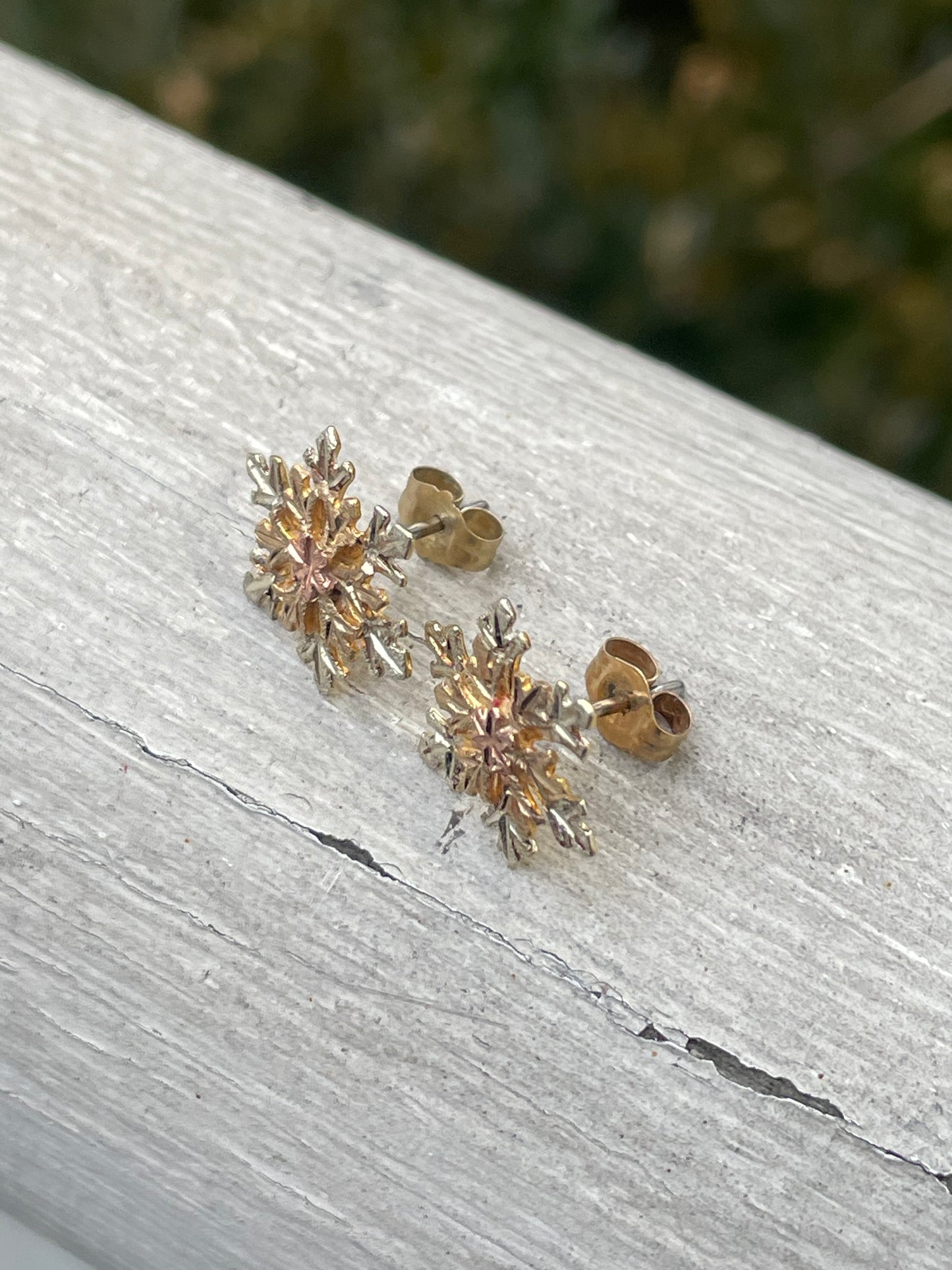 10k Gold Tri-Color Snowflake Stud Earrings