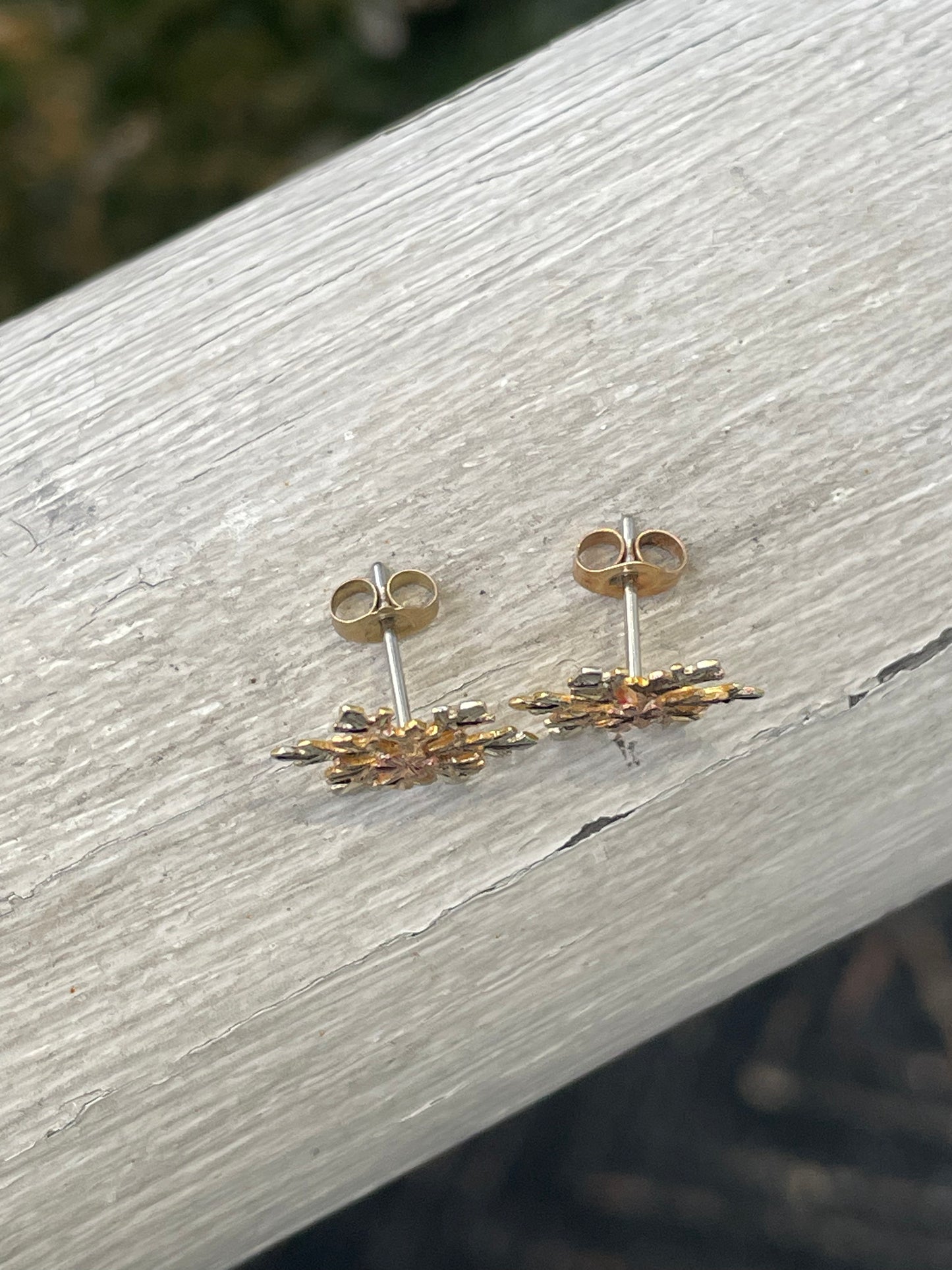 10k Gold Tri-Color Snowflake Stud Earrings