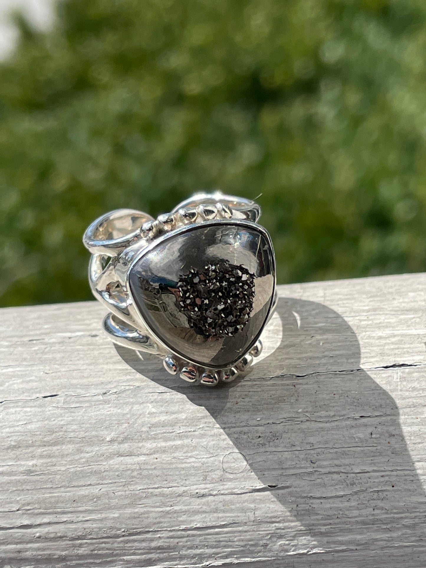 925 Sterling Silver Hematite Druzy Open Size Ring