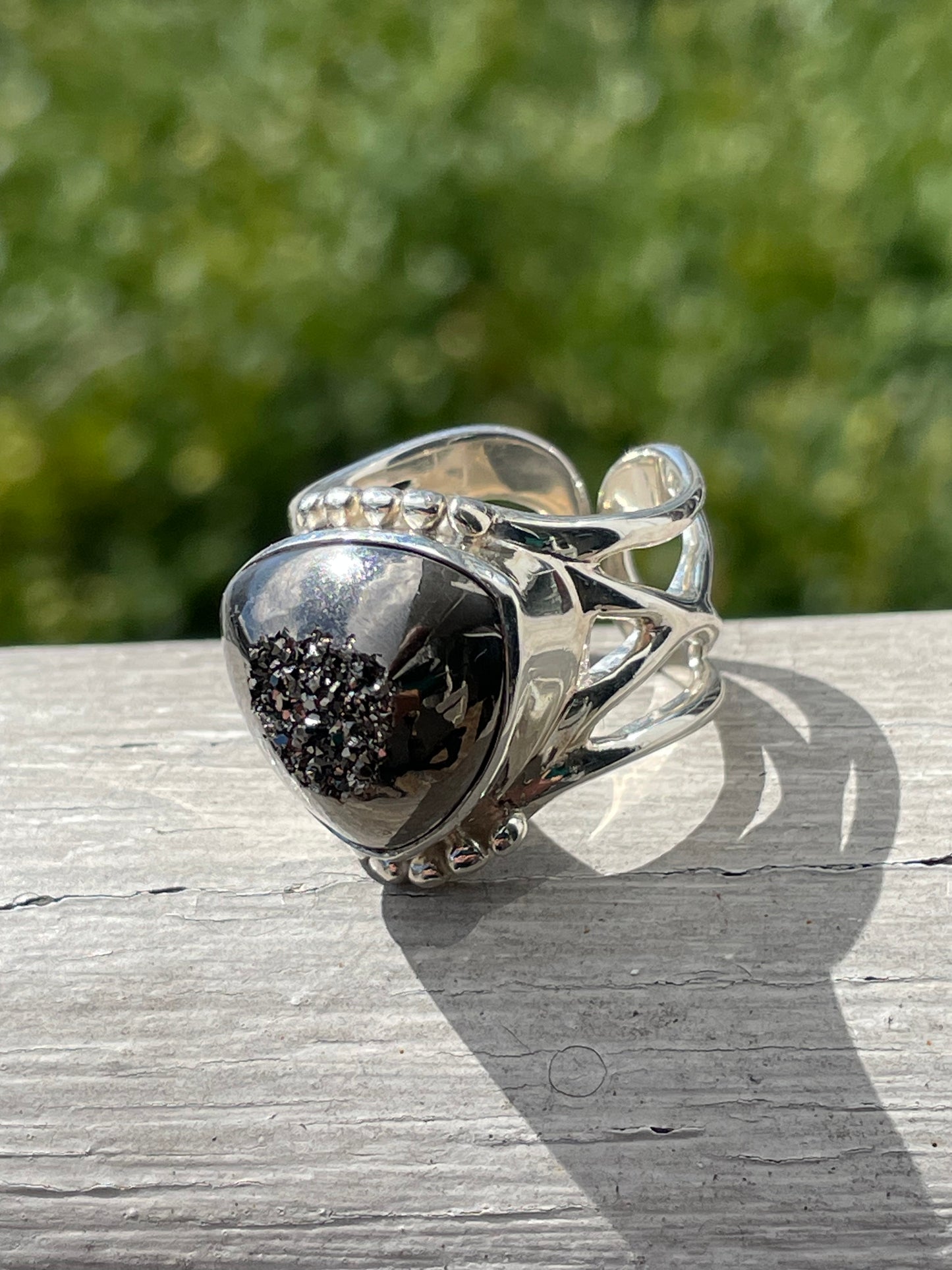 925 Sterling Silver Hematite Druzy Open Size Ring