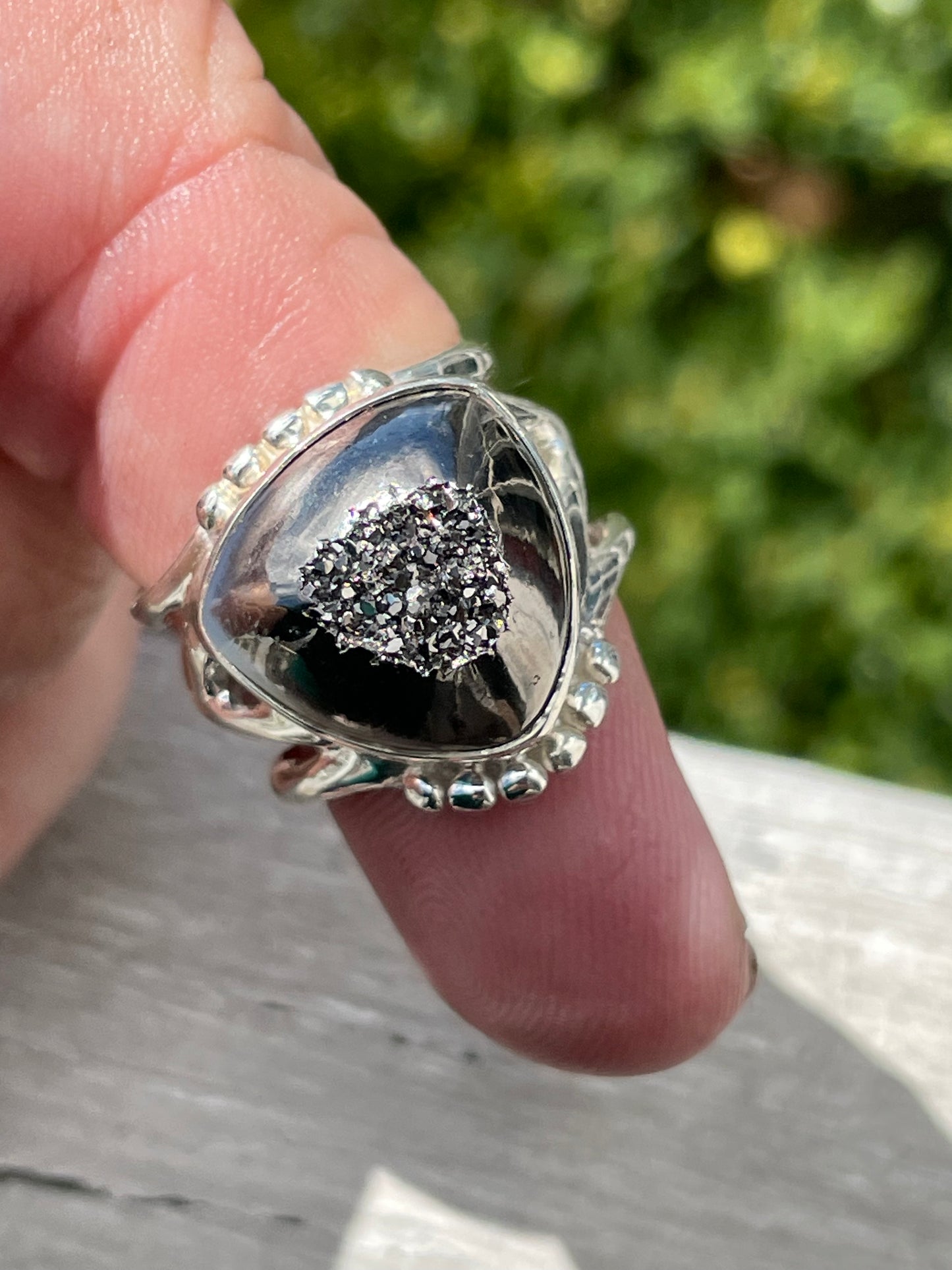 925 Sterling Silver Hematite Druzy Open Size Ring