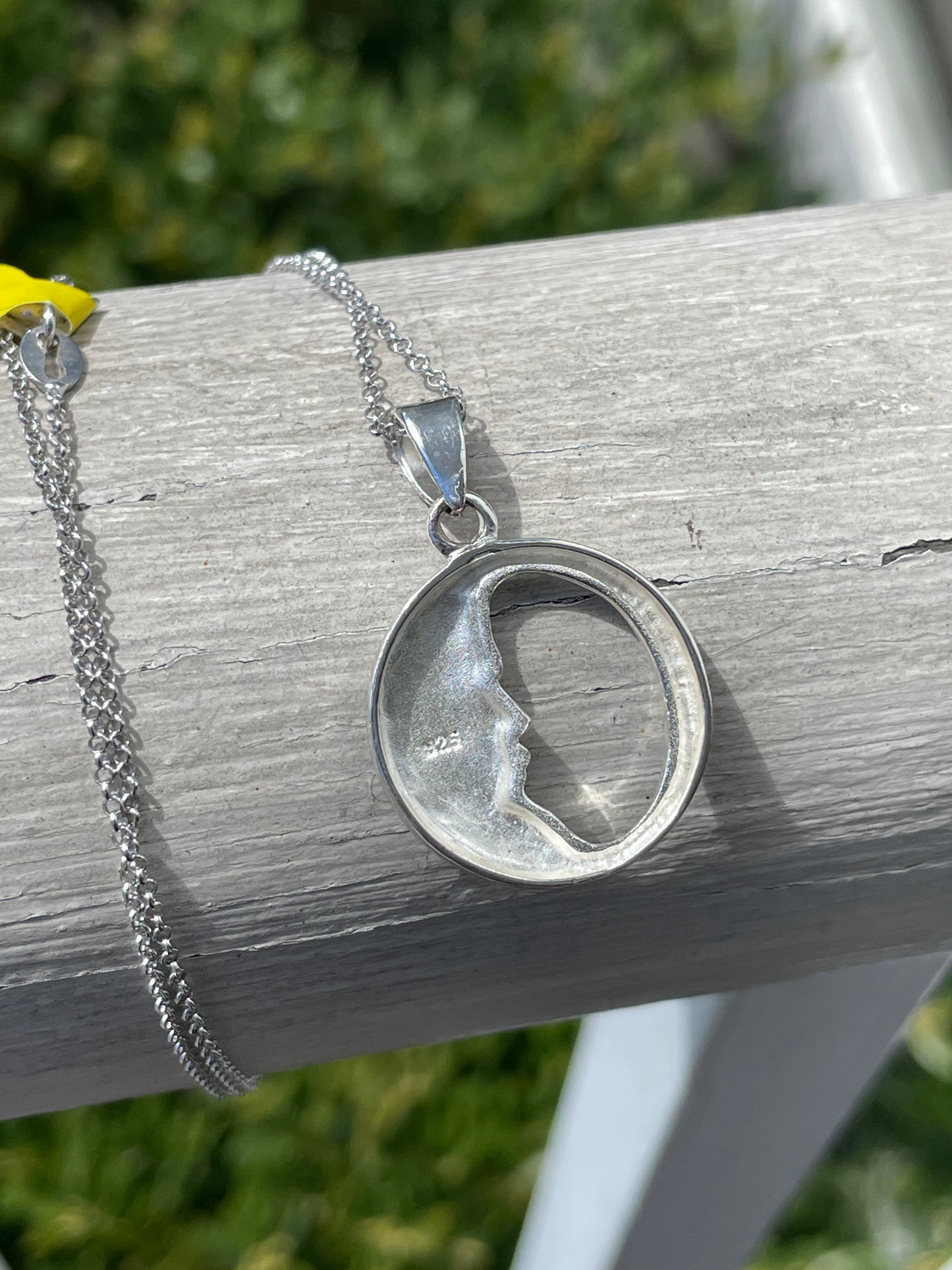 925 Sterling Silver Crescent Moon Face Circle Necklace