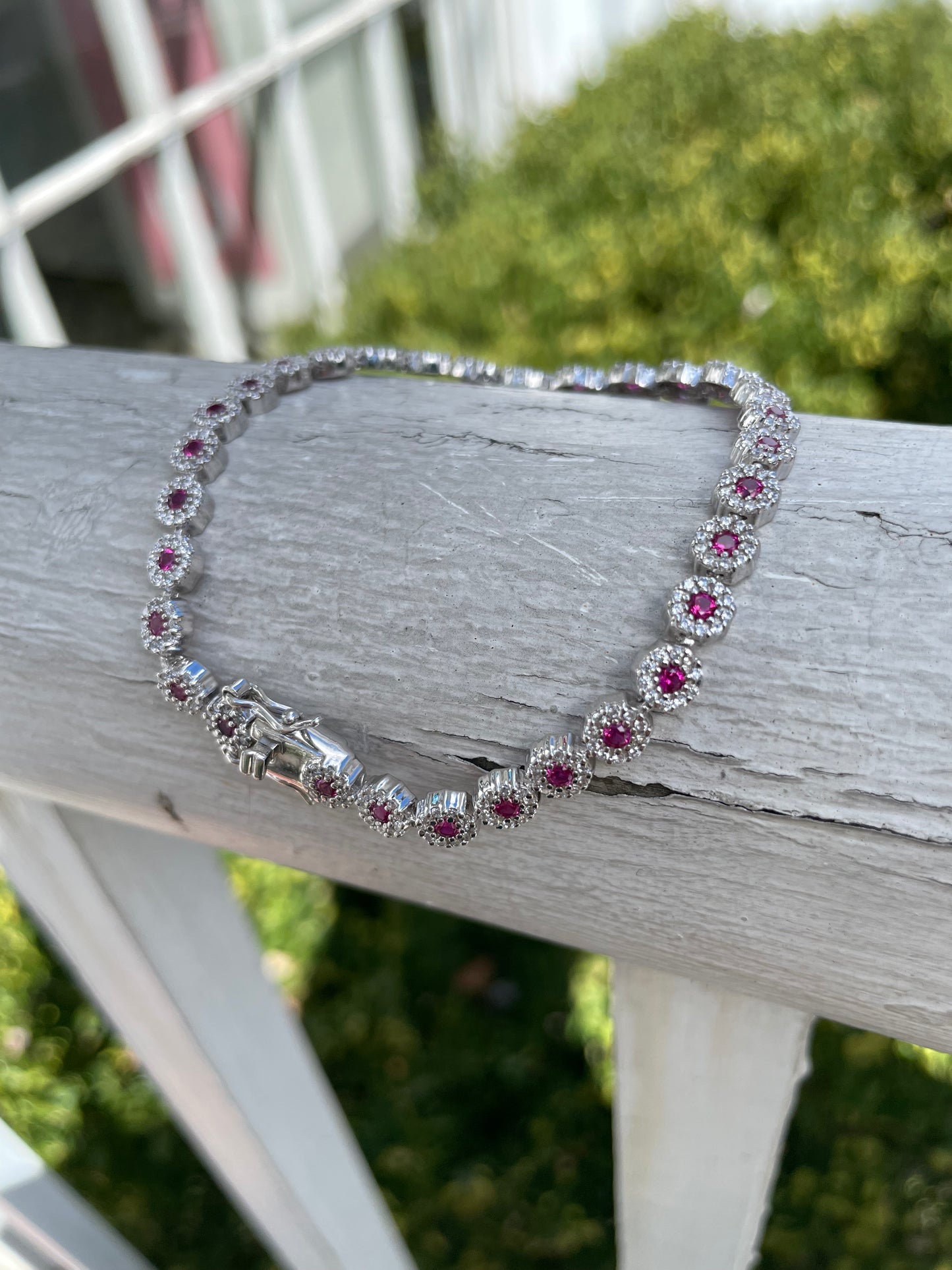 925 Sterling Silver Synthetic Ruby & Clear Zirconia Tennis Bracelet