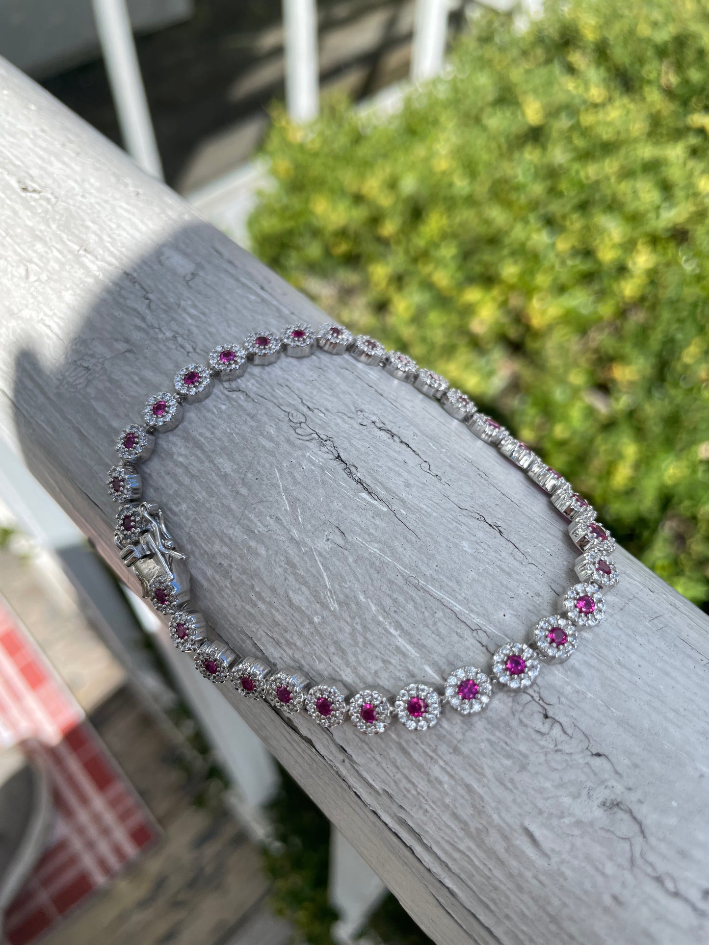 925 Sterling Silver Synthetic Ruby & Clear Zirconia Tennis Bracelet
