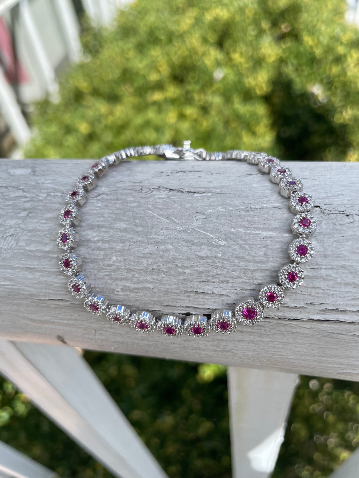 925 Sterling Silver Synthetic Ruby & Clear Zirconia Tennis Bracelet