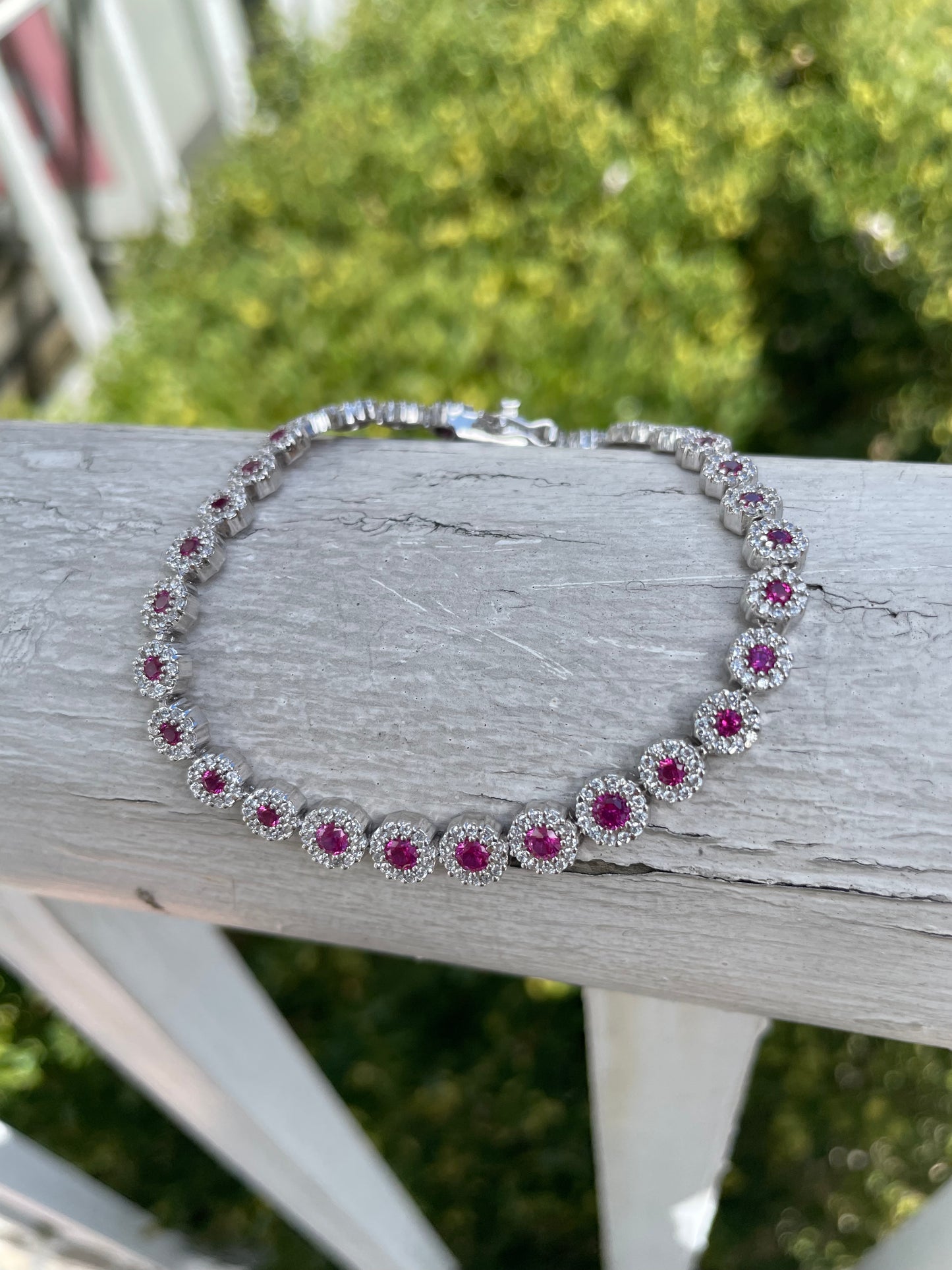 925 Sterling Silver Synthetic Ruby & Clear Zirconia Tennis Bracelet