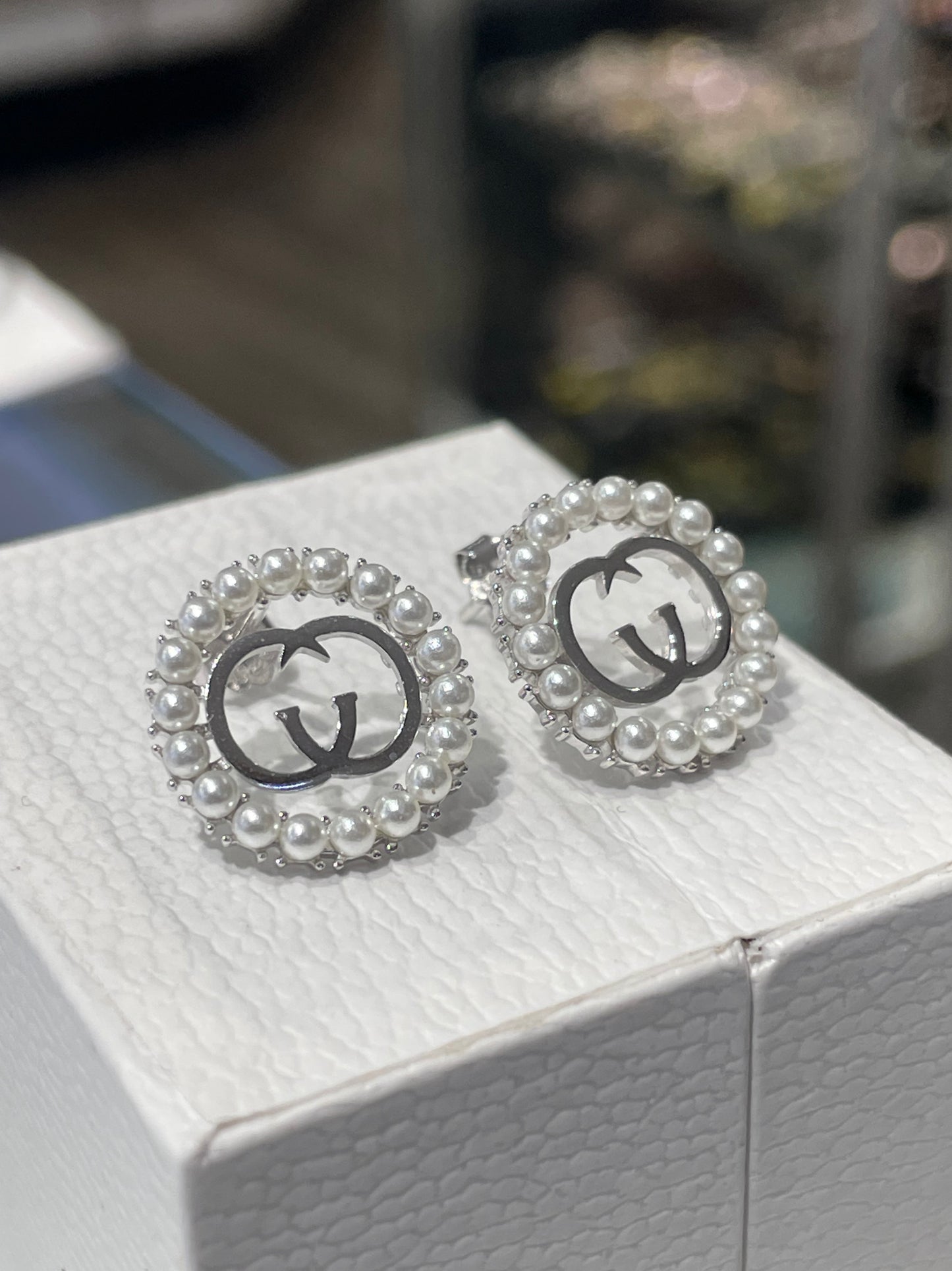 925 Sterling Silver GG Logo Gucci Style Pearl Halo Stud Earrings